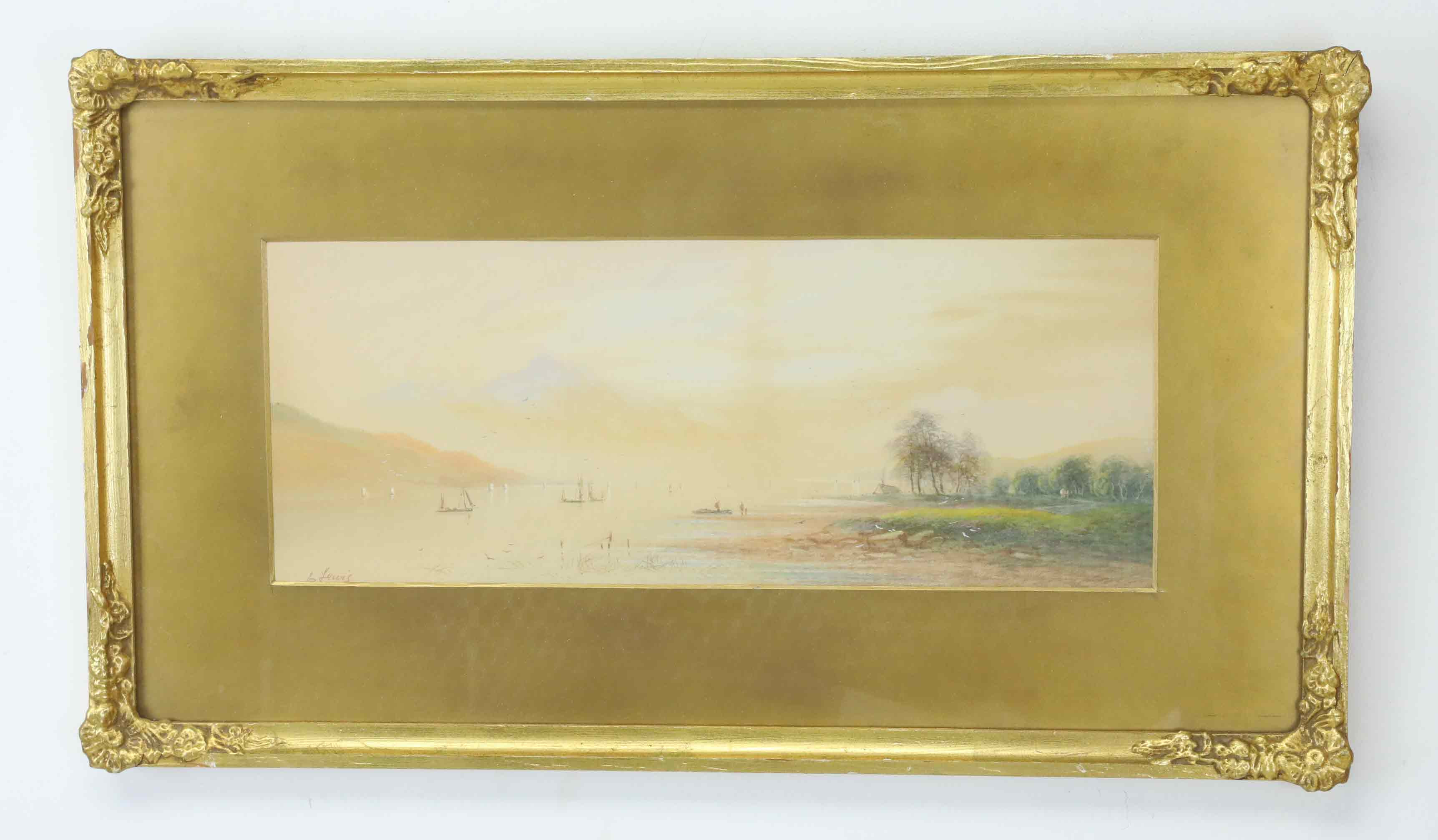 GEORGE LENNARD LEWIS  (1826–1913). akvarell, kustmotiv med segelbåtar, signerad G Lewis.