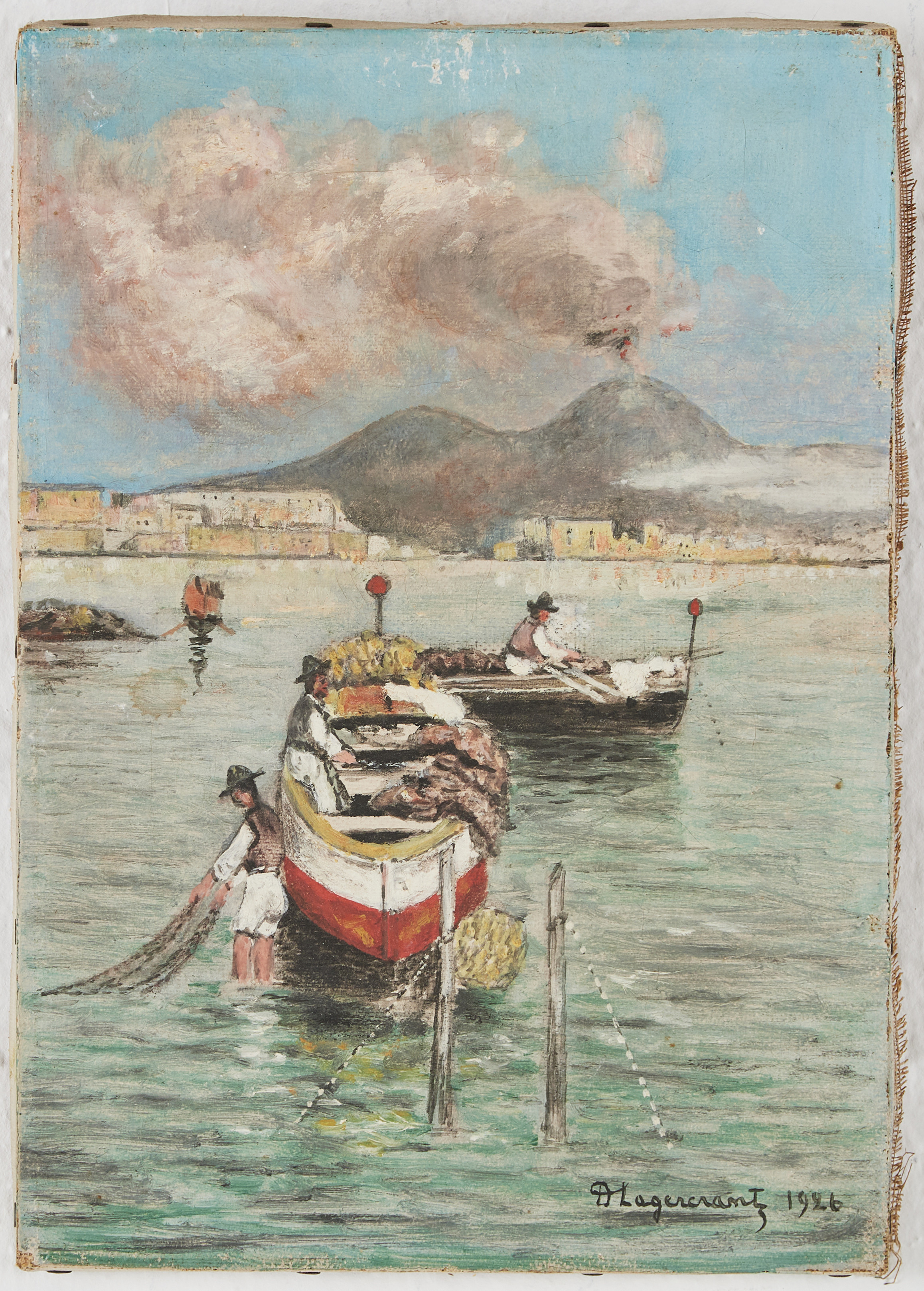 AVA LAGERCRANTZ (1862-1938) Fiskare på Neapelkusten med Vesuvius i bakgrunden, oljemålning på duk, signerad och daterad A Lagercrantz 1926.