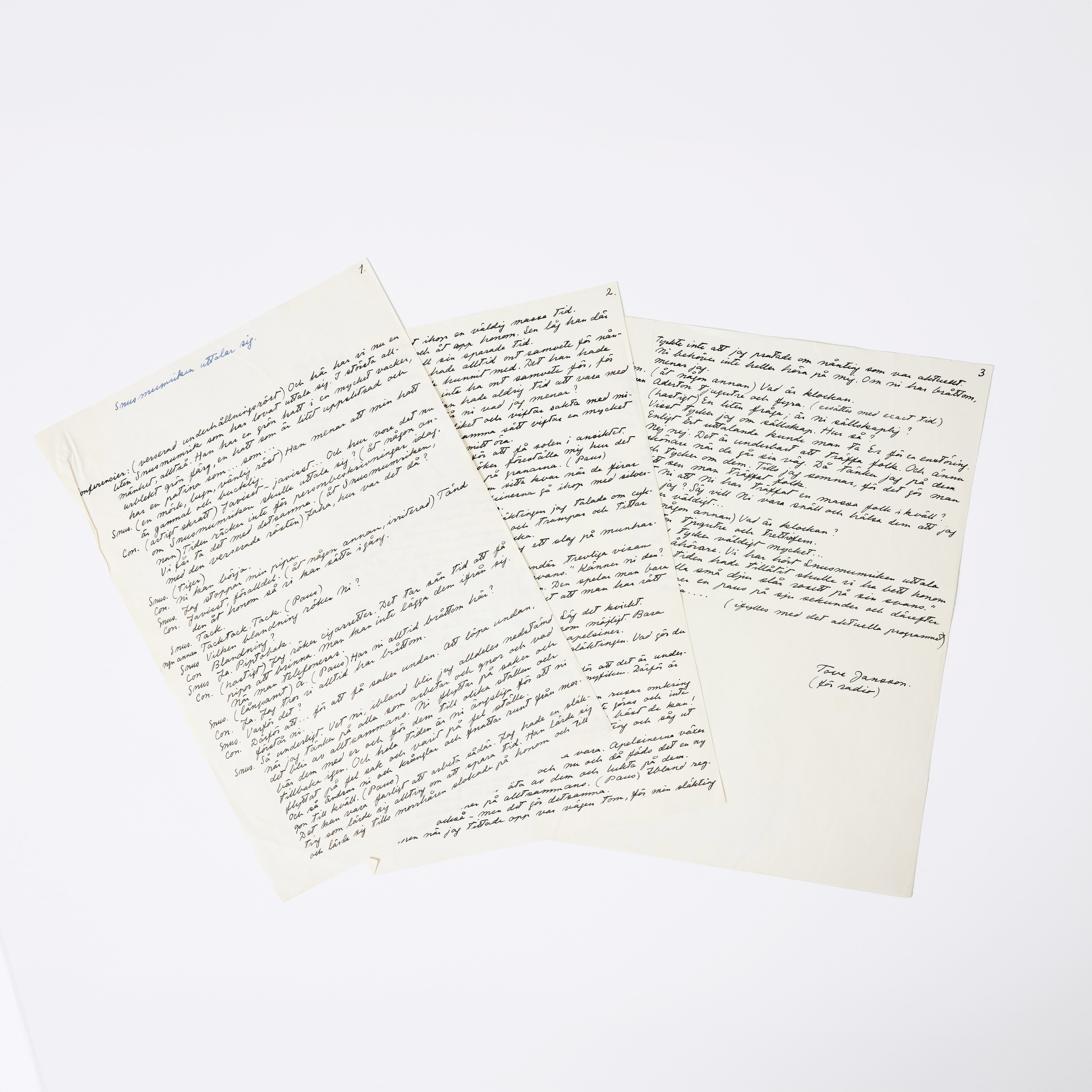 TOVE JANSSON, MANUSKRIPT FÖR RADIO, "Snusmumriken uttalar sig", troligen 1950-tal, proveniens Allan Schulman.