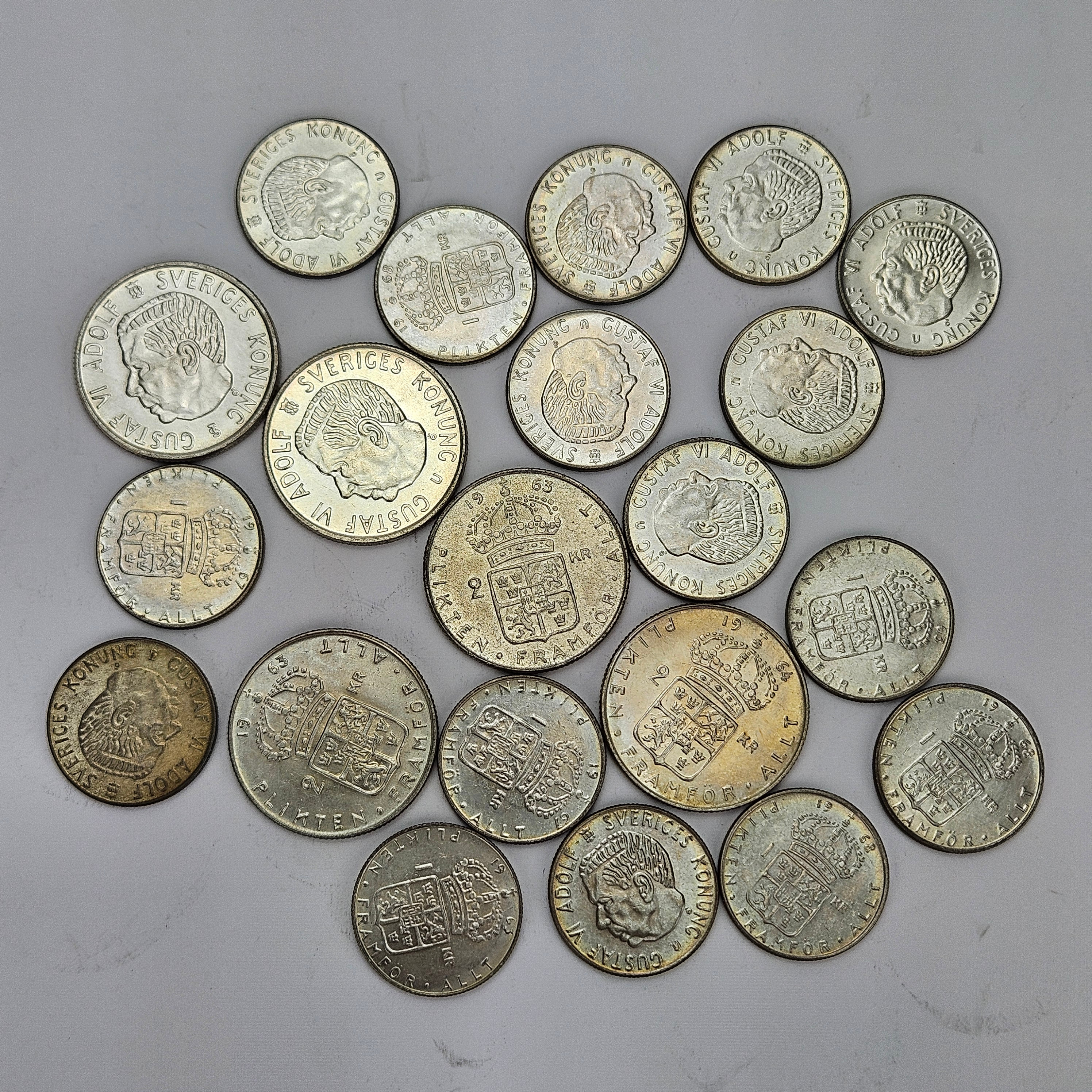 MYNT, 21 st, silver, 40%, 1-2 kronor, Gustaf Vi Adolf, Sverige.