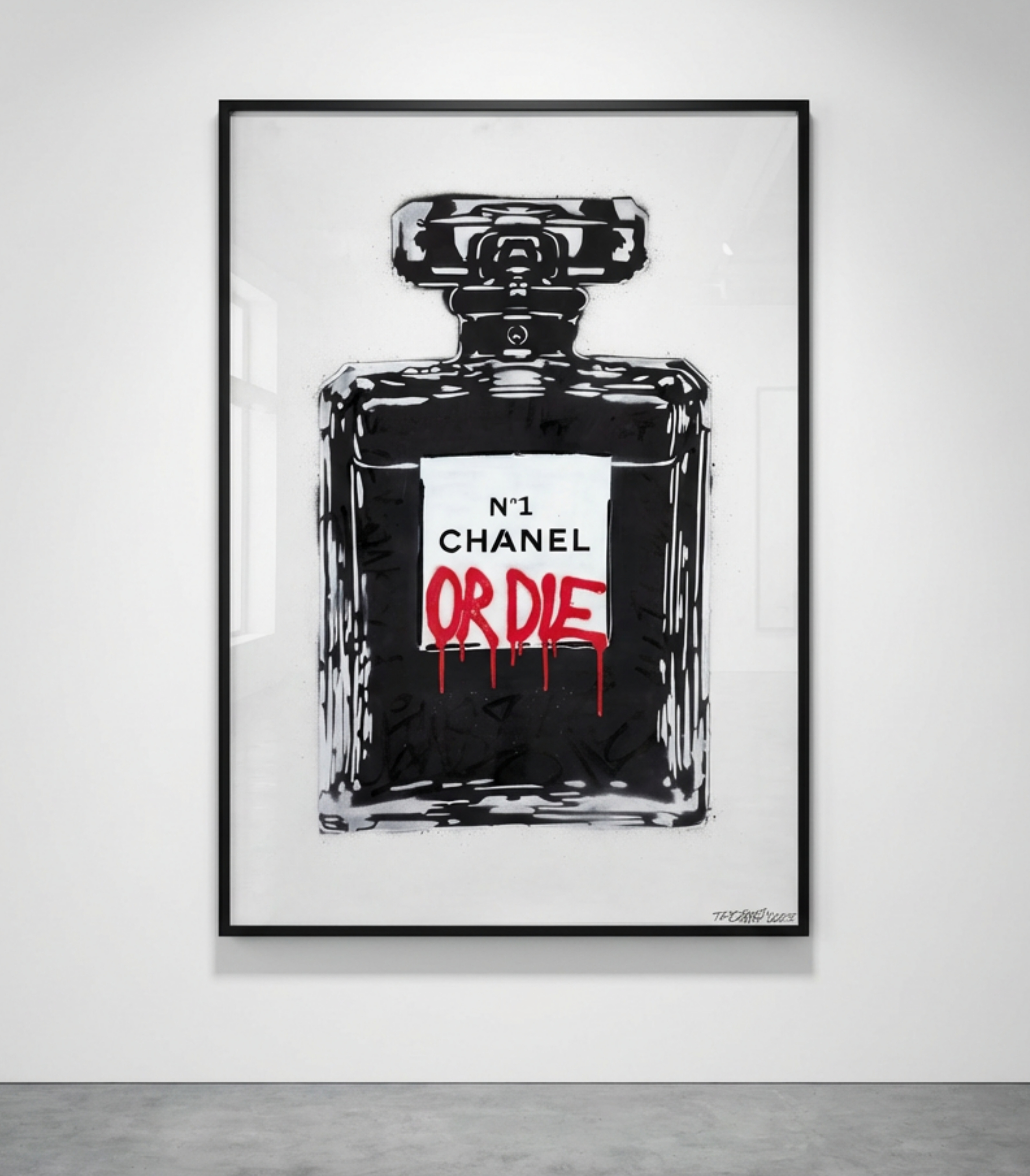 OLIW87 (Tobias Ekman, Sverige, född 1987), CHANEL OR DIE (svart/silver), original, signerad och daterad T.E Oliw87, 2025, sprayfärg på papper.