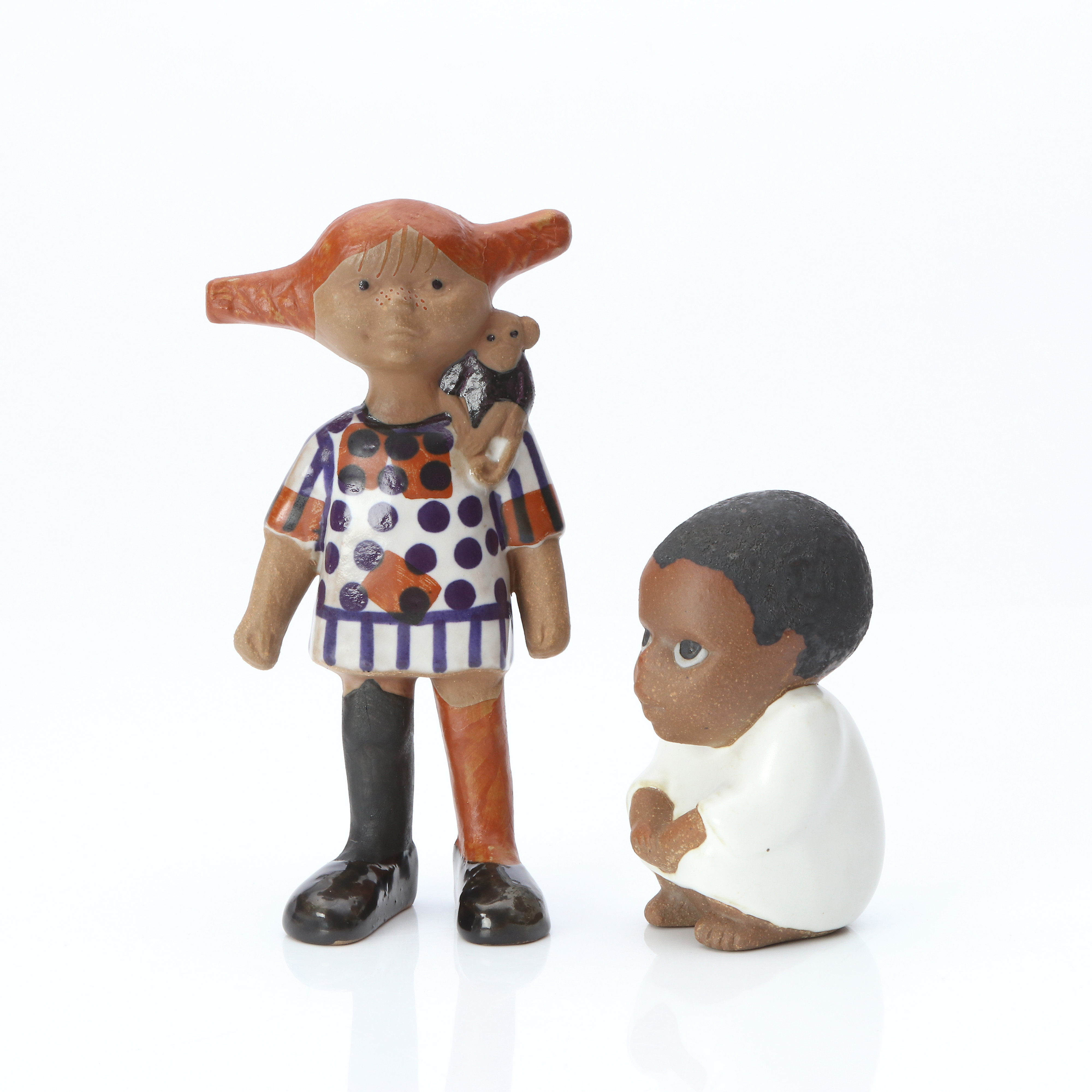LISA LARSON. FIGURINER, TVÅ ST. Stengods. "Pippi Långstrump" och "Syd".