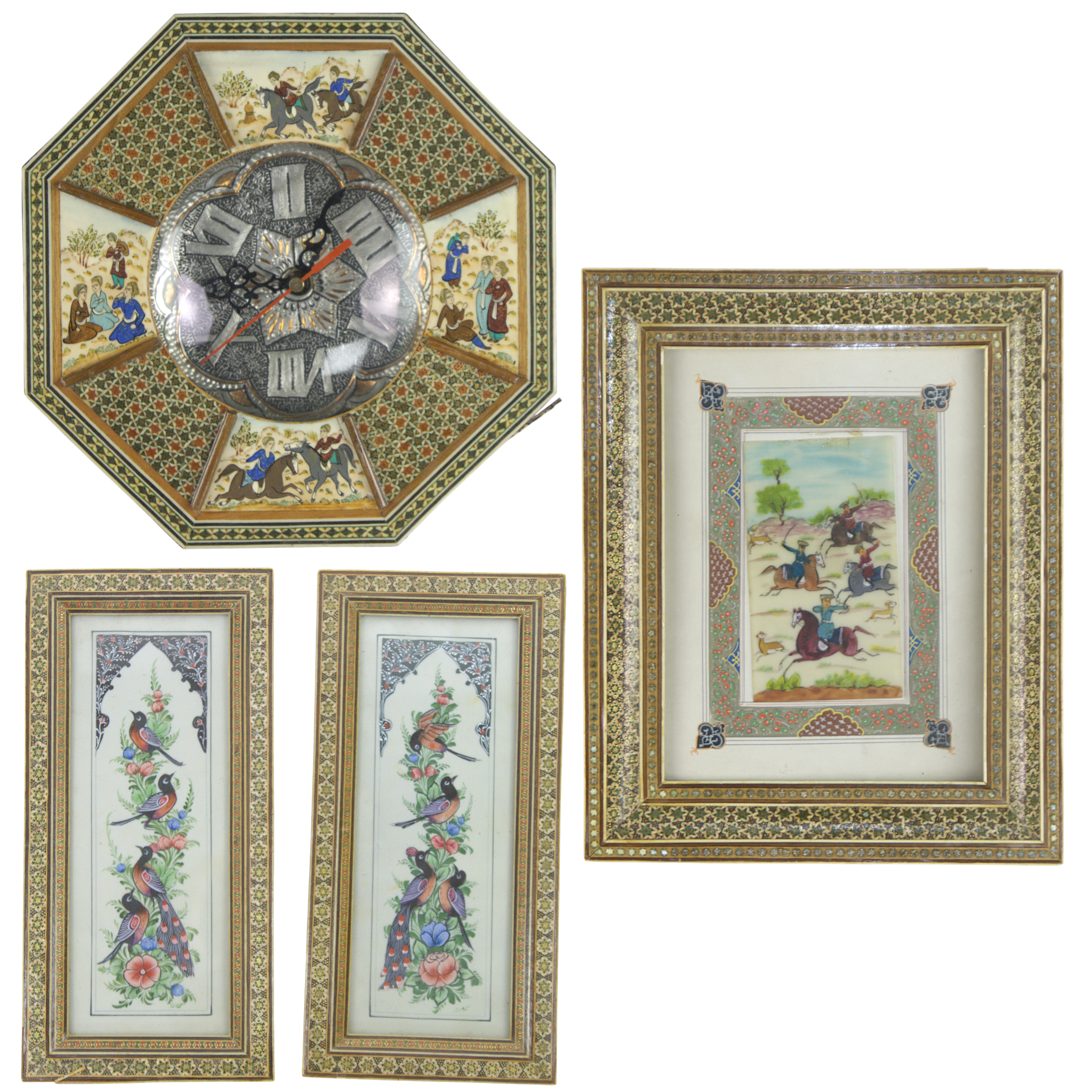 TAVLOR och VÄGGKLOCKA, 3 + 1 delar, trä med intarsia, Persien.