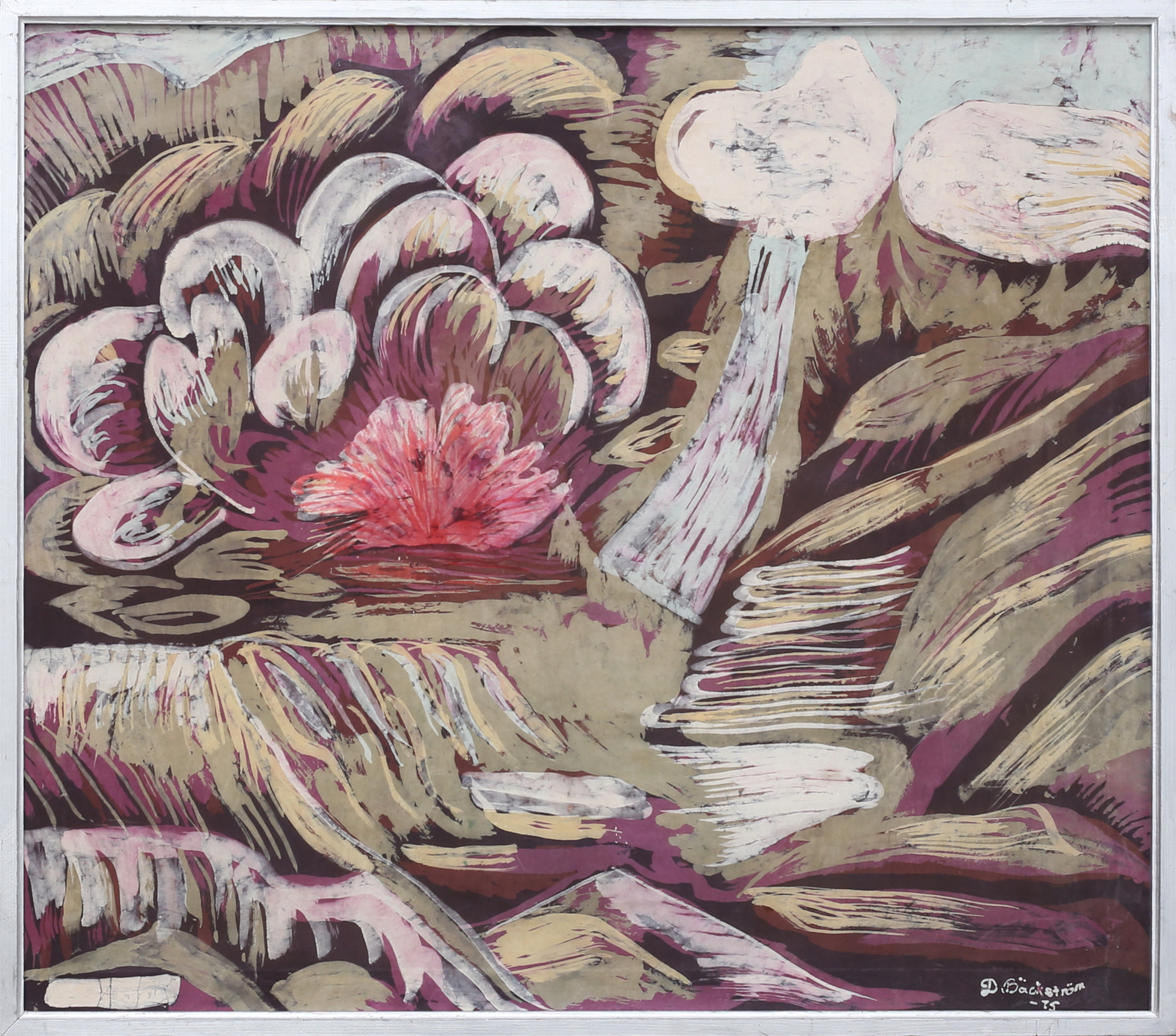 DAGNY BÄCKSTRÖM. Naturkomposition. Batiktavla, signerad och daterad -75.