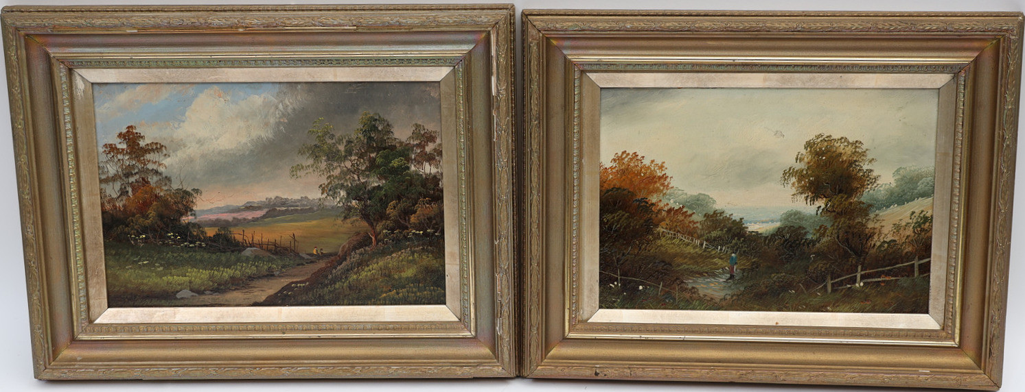 OKÄND KONSTNÄR. Oljemålningar 2st, på pannå, landskap 1800/1900-tal.