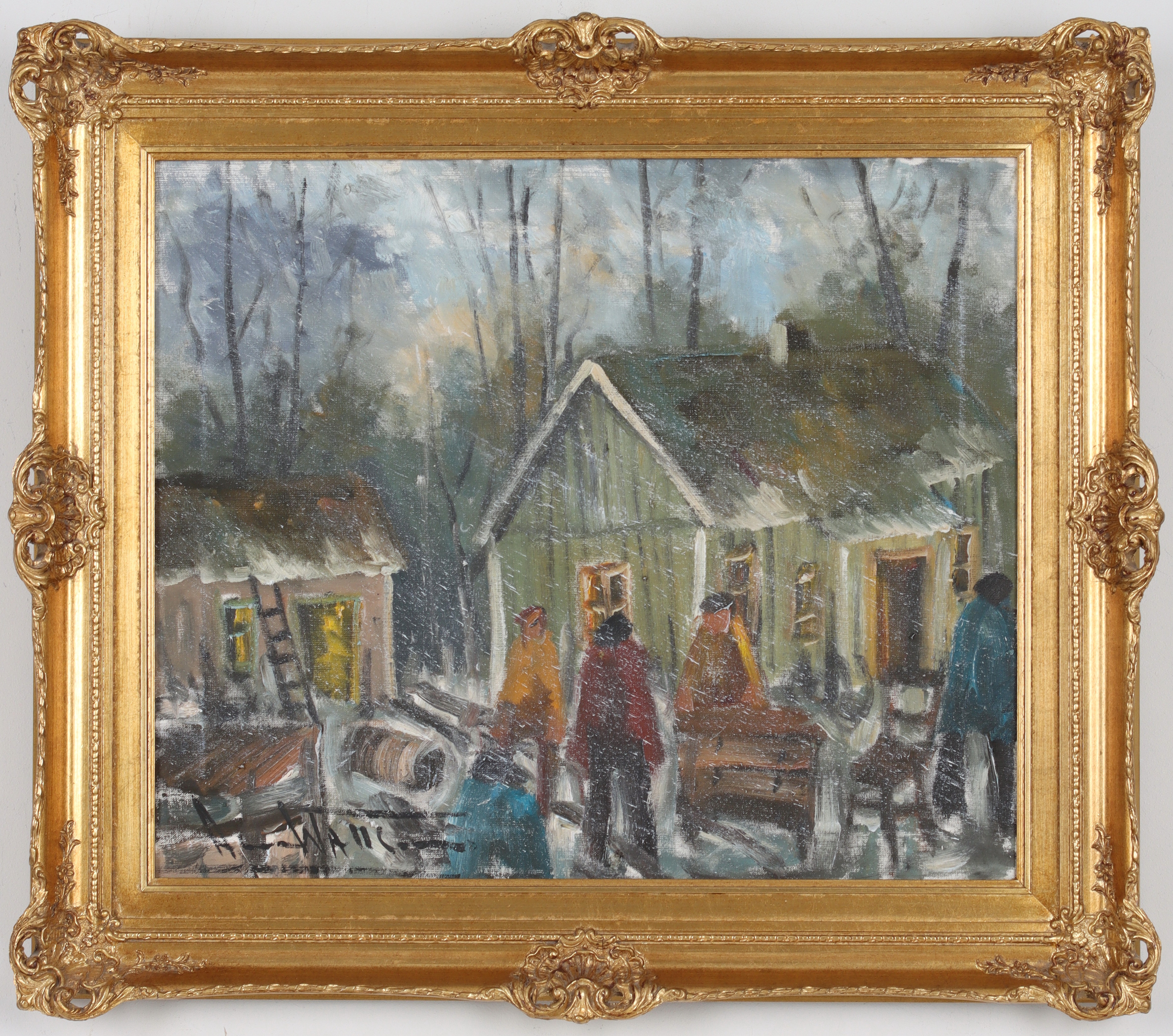 ARNE WALLSTEN. Oväder i byn, olja på duk, signerad.