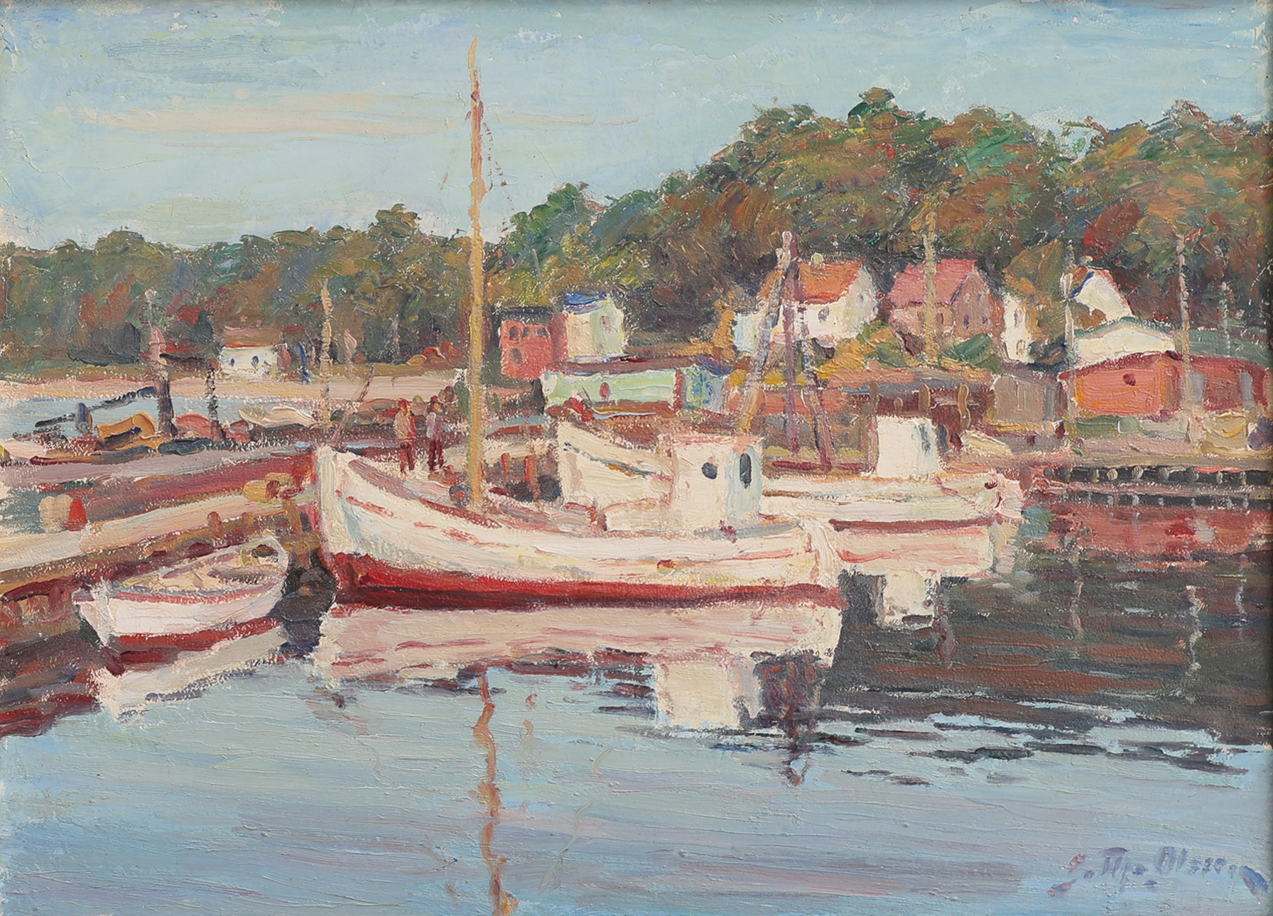 GOTTFRID OLSSON. OLJA PÅ PANNÅ, HAMNMOTIV, SIGNERAD.