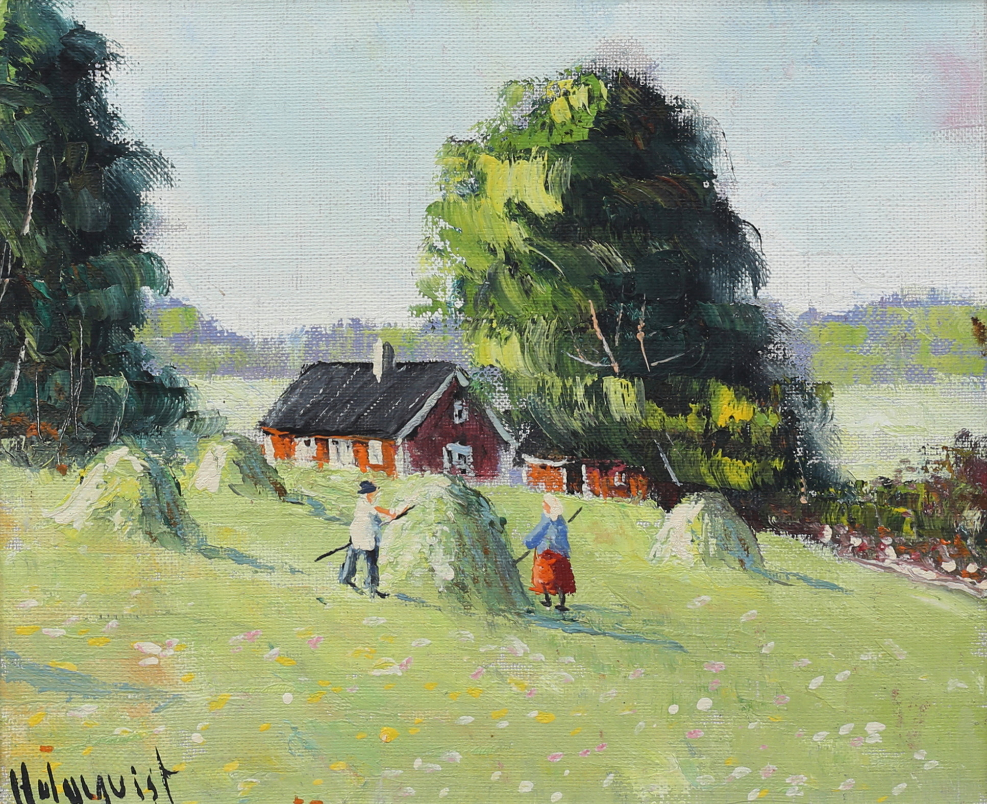 BIRGER WILLIAM HOLMQVIST. Höbärgning. Olja på duk, signerad.