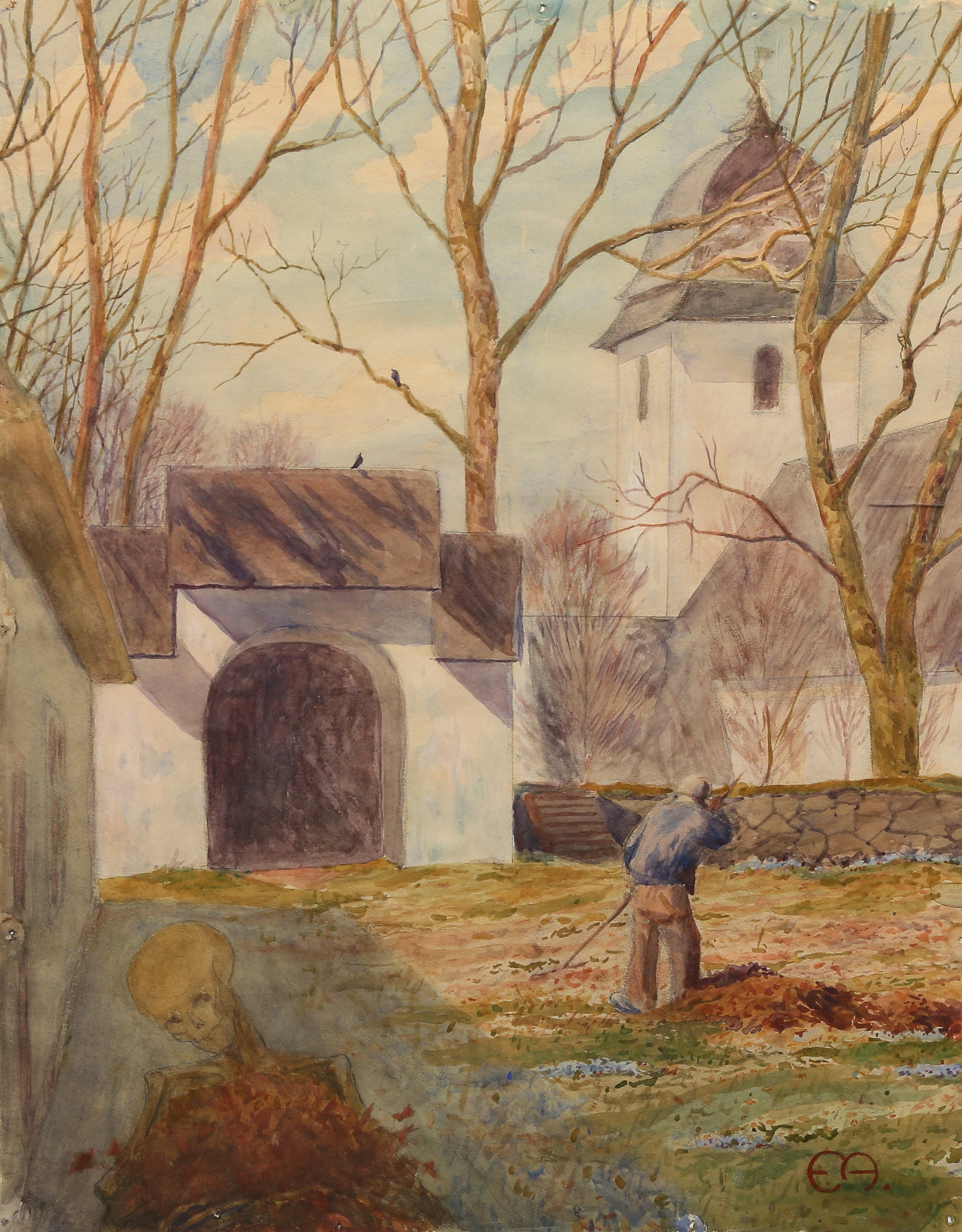 ESTER ALMQVIST. TILLSKRIVEN. Blandteknik, dubbelsidig, monogramsignerad EA, 1900-talets första hälft.