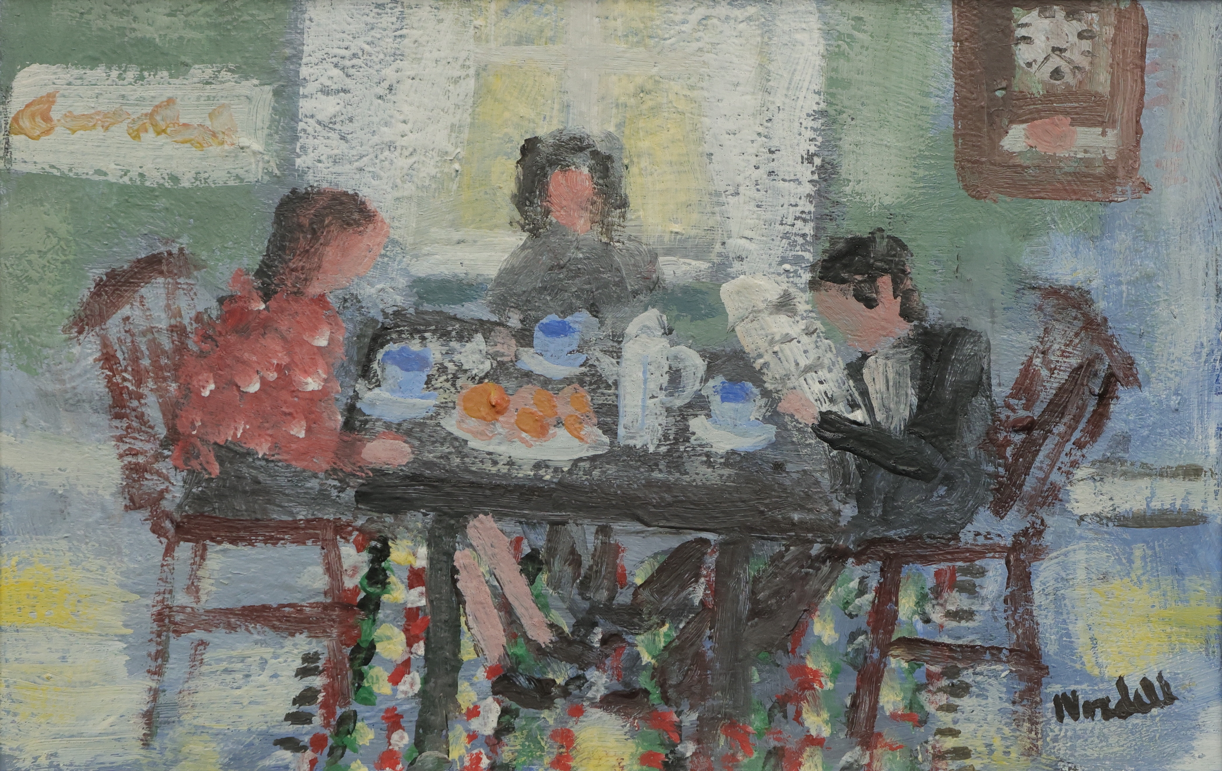 ESKIL NORDELL. olja på pannå, "Kaffestund"; signerad.