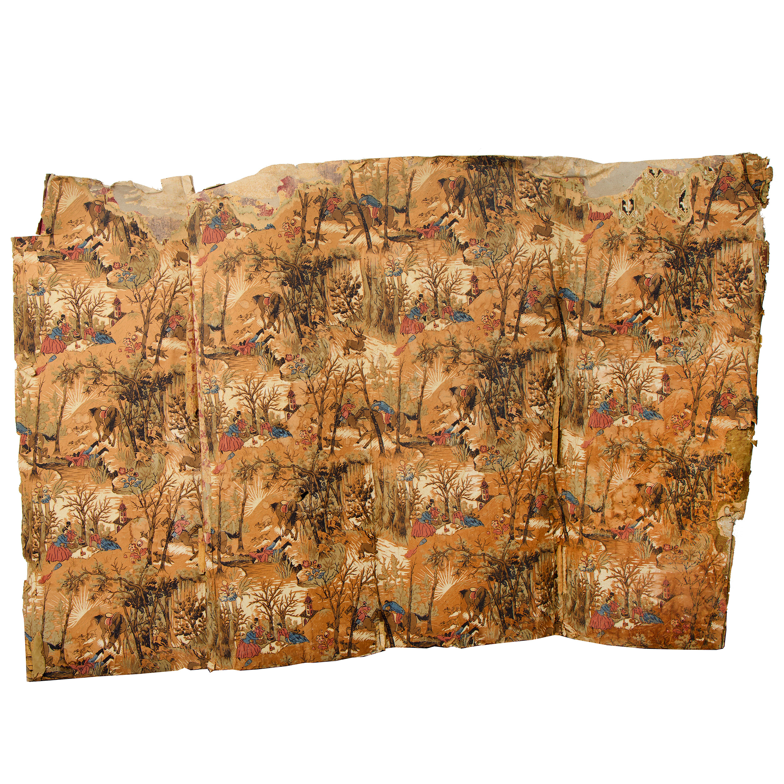 DEL AV VÄGGTAPET. Landskap med figurer. Troligen 1800-tal.