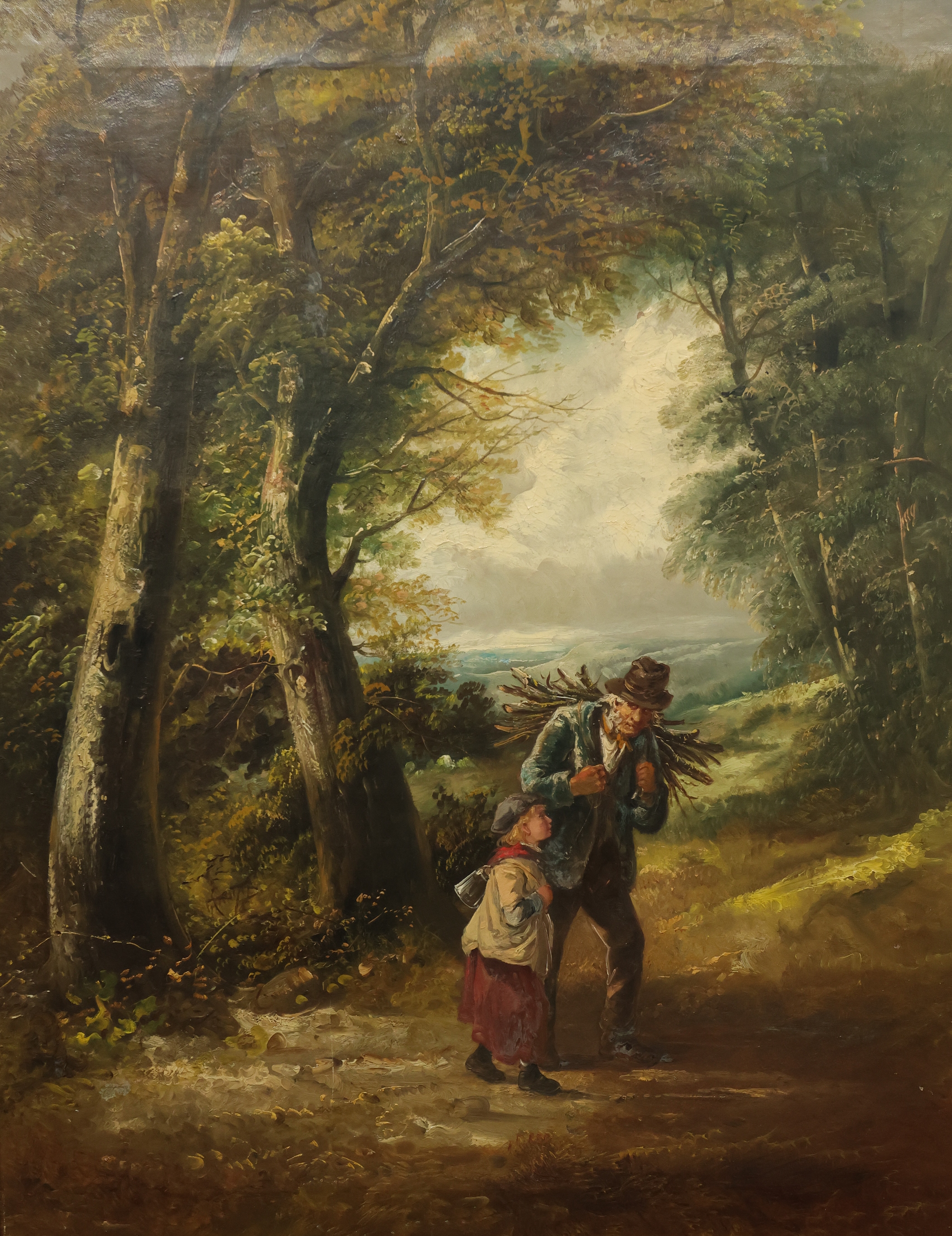 OKÄND KONSTNÄR. olja på duk, skogslandskap med man och barn, 1800 tal.