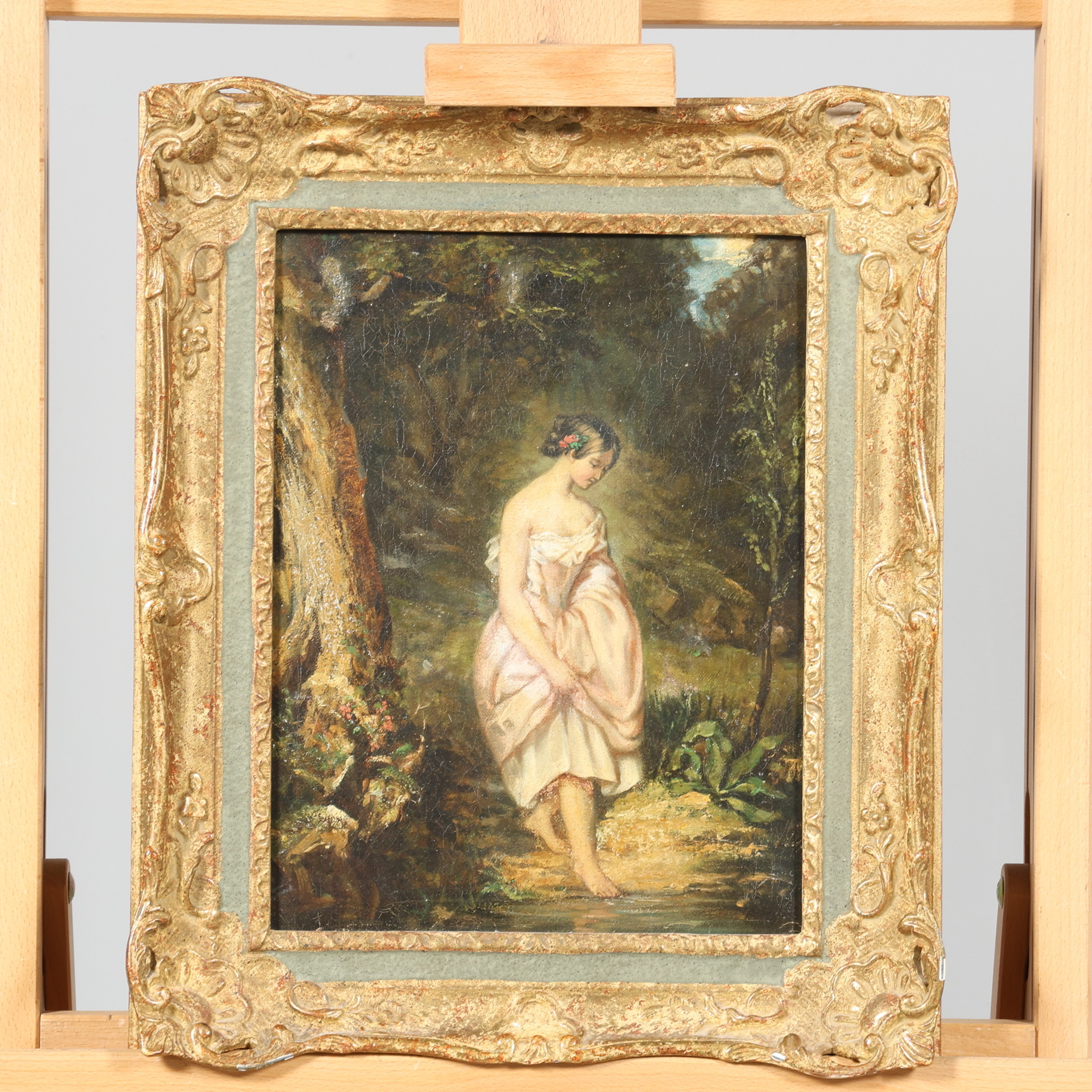 OKÄND KONSTNÄR. OLJA PÅ DUK, Kvinna vid skogstjärn, 1800-tal.