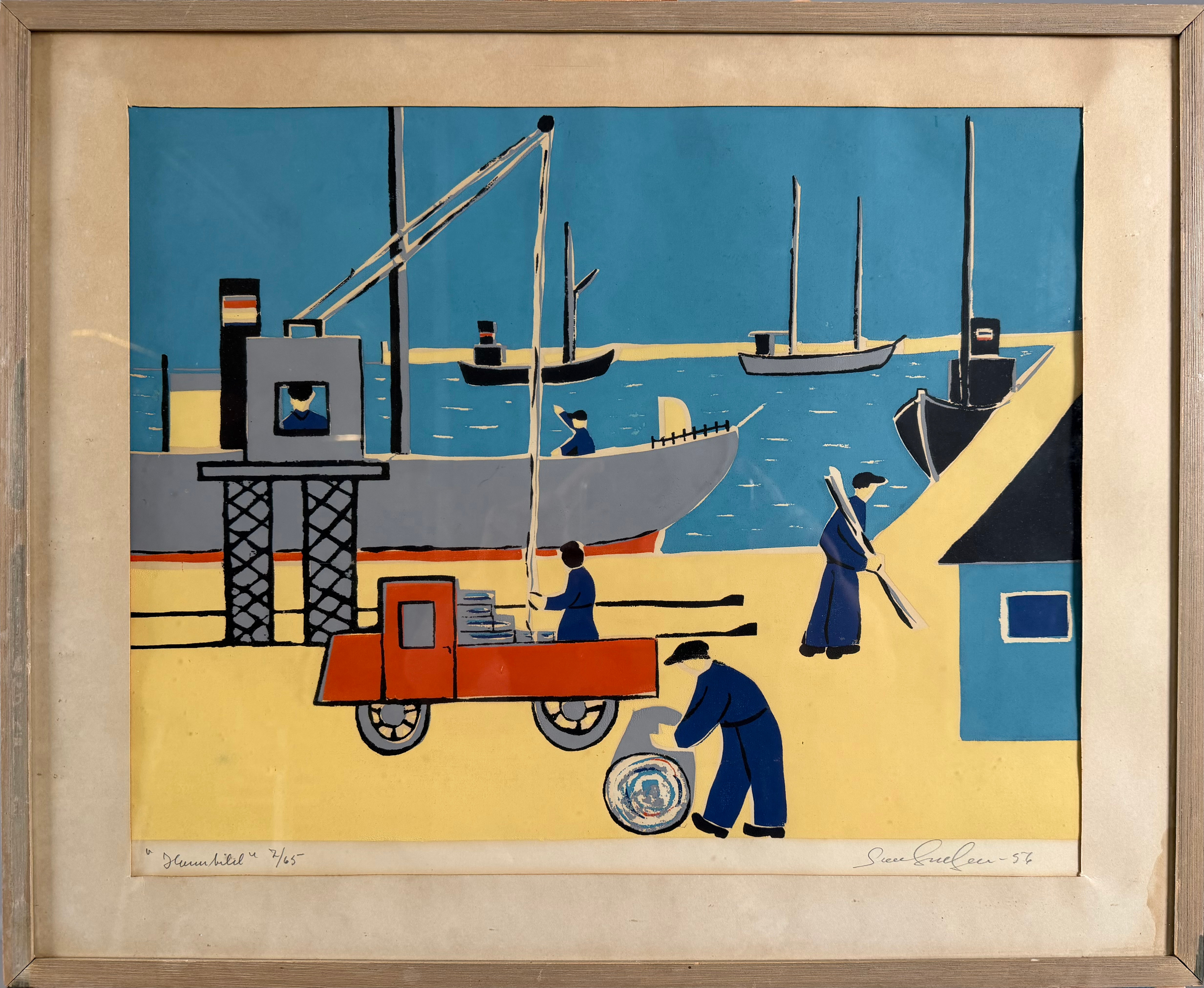 SVEN SUNDGREN. "Hamnbild", färgträsnitt, signerad och daterad -56, numrerad 7/65.