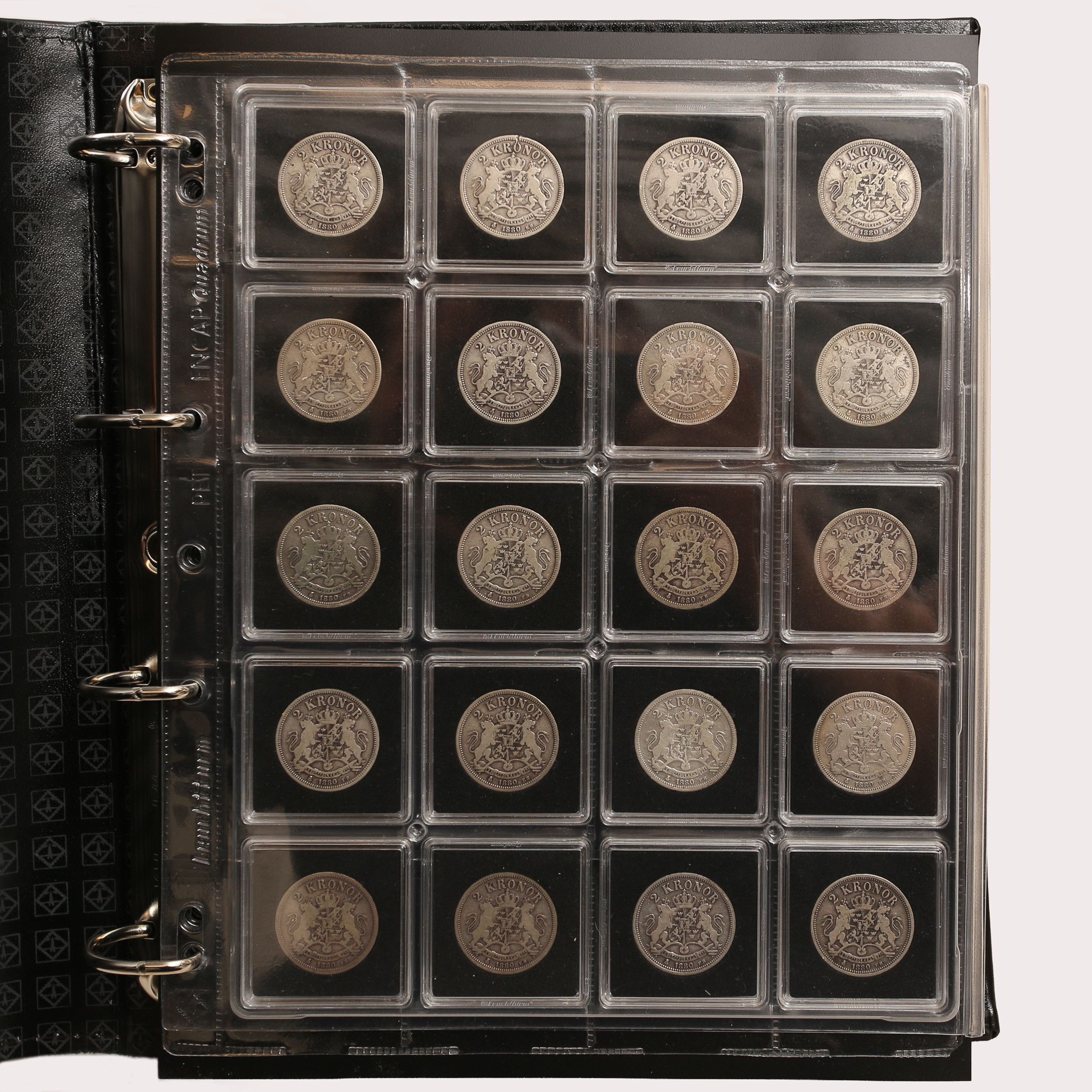 PÄRM MED SAMLARMYNT, 100 st., 2 Kronor , SILVER, 800/1000, Oscar II, Sverige. Start 1880-1907. Myntens vikt ca. 1500 gram.