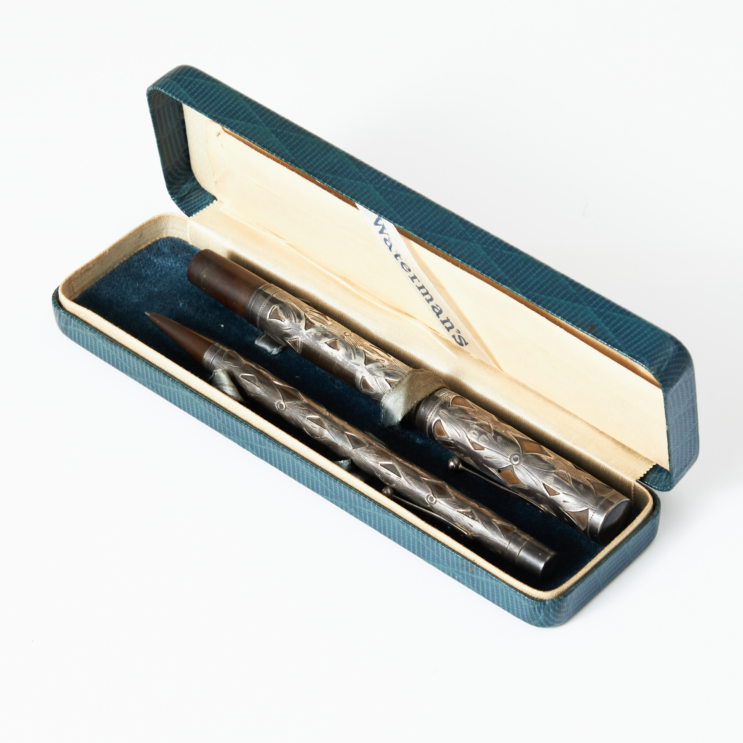 WATERMAN’S, no 454, Ideal, Reservoarpenna och blyerts, tillverkad omkring 1924-32, fodral i sterling silver, spets i 14k guld, USA.