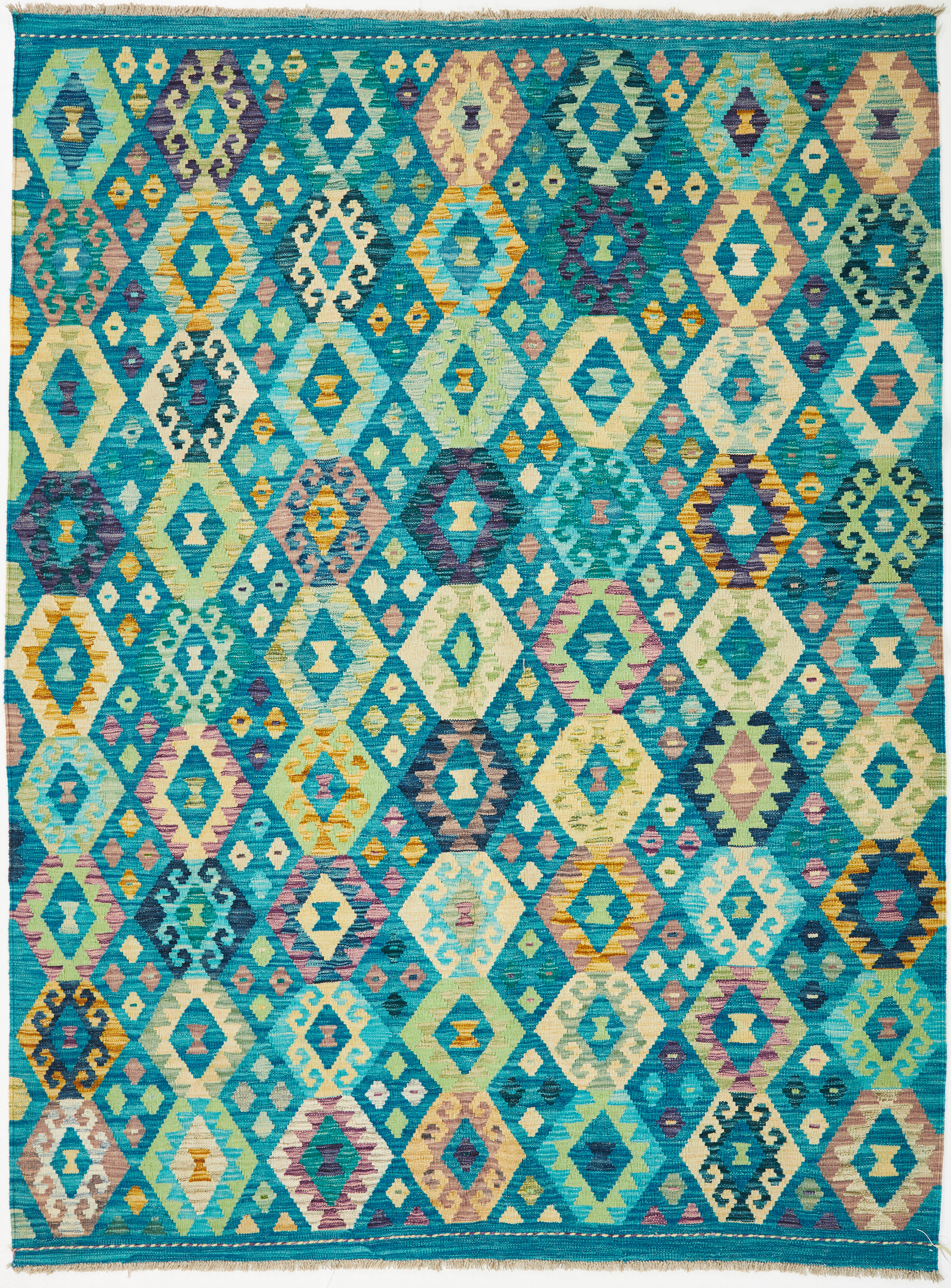 ORIENTMATTA. kelim, polykrom färgställning mot turkos botten, ca 240x179 cm.