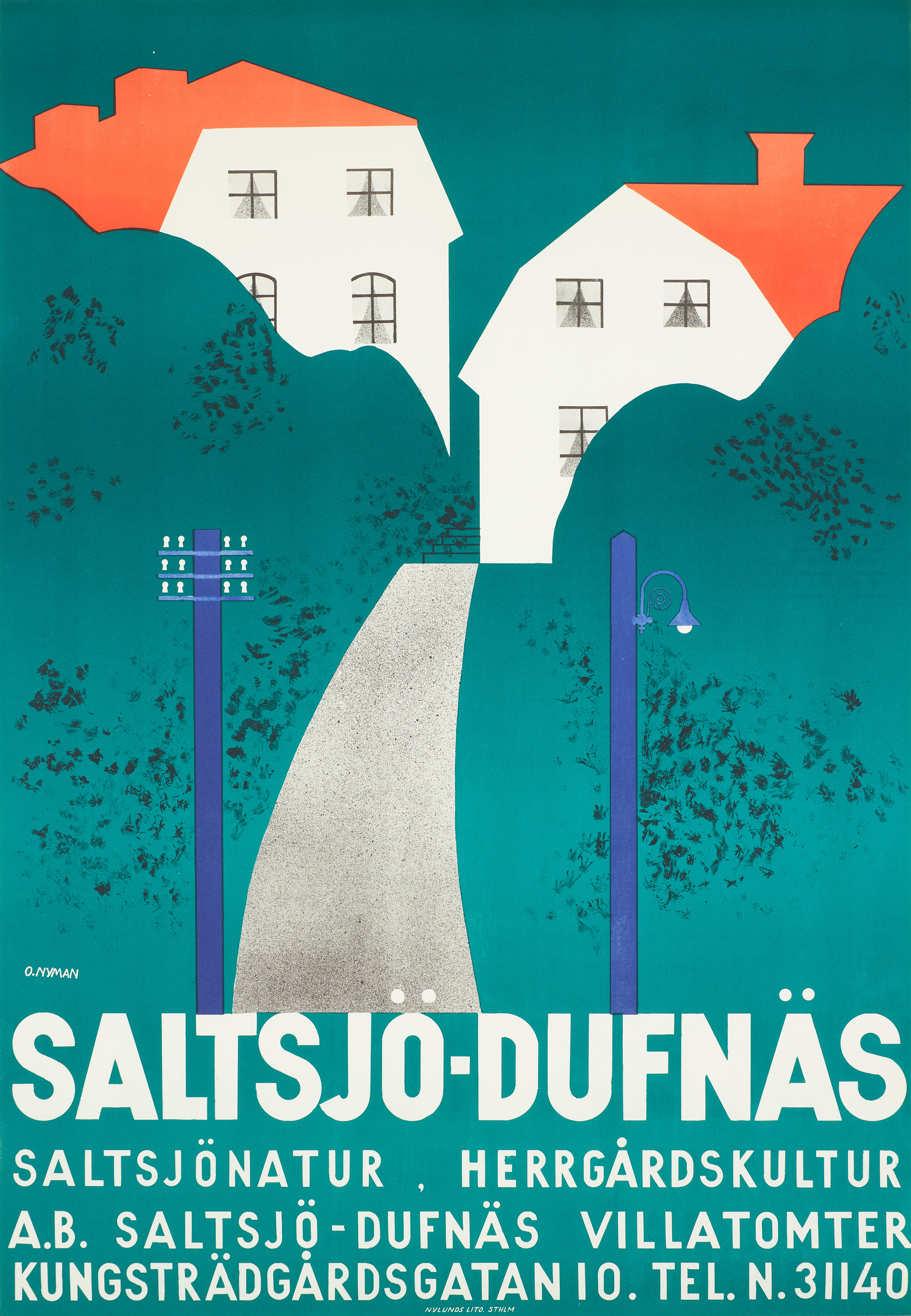 OLLE NYMAN. "Saltsjö-Dufnäs", AB Saltsjö-Dufnäs Villa Tomter, litografi, 1930 tal.