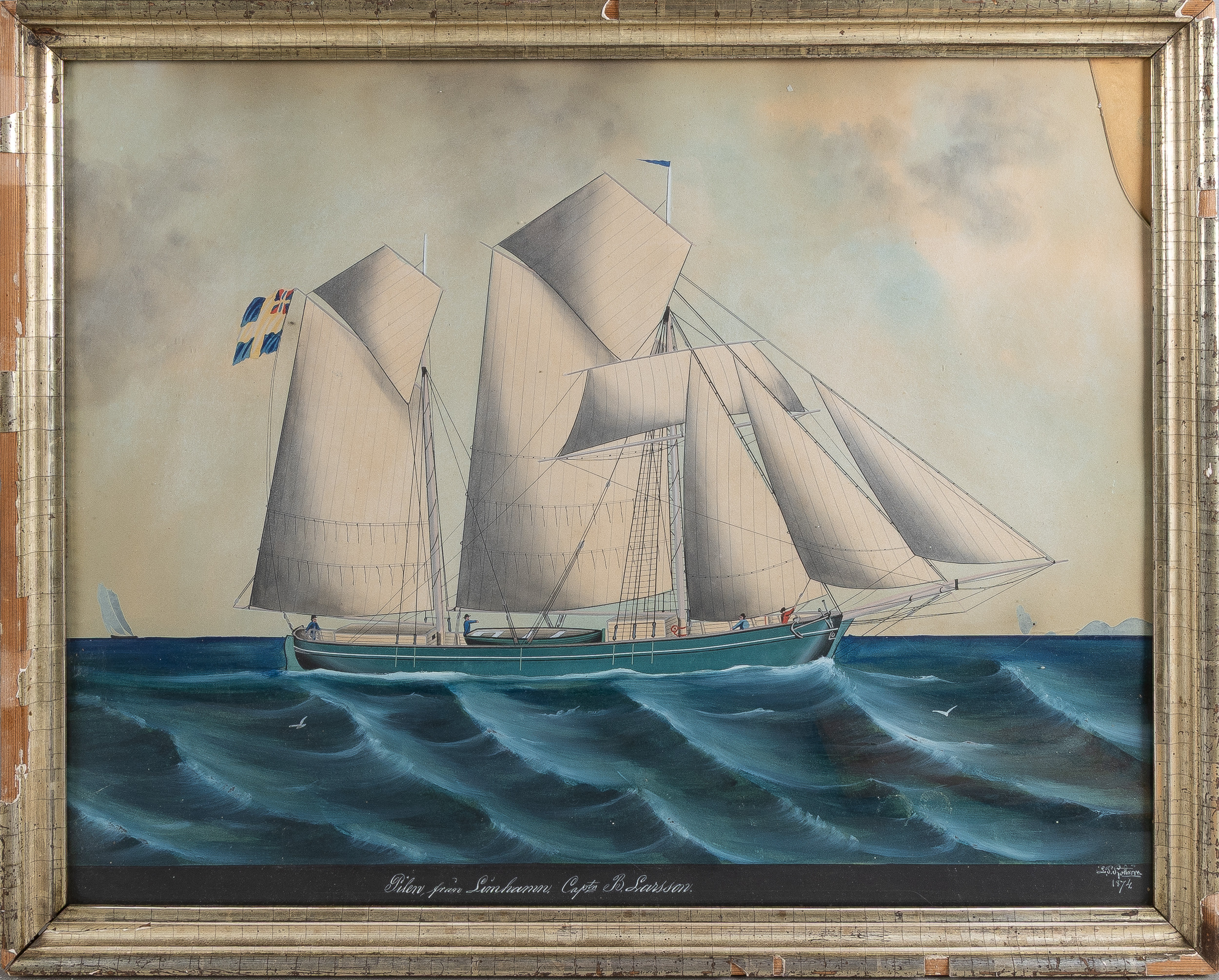 LARS PETTER SJÖSTRÖM. "Pilen från Limhamn, Captn B. Larsson", gouache på papper, signerad 1874.