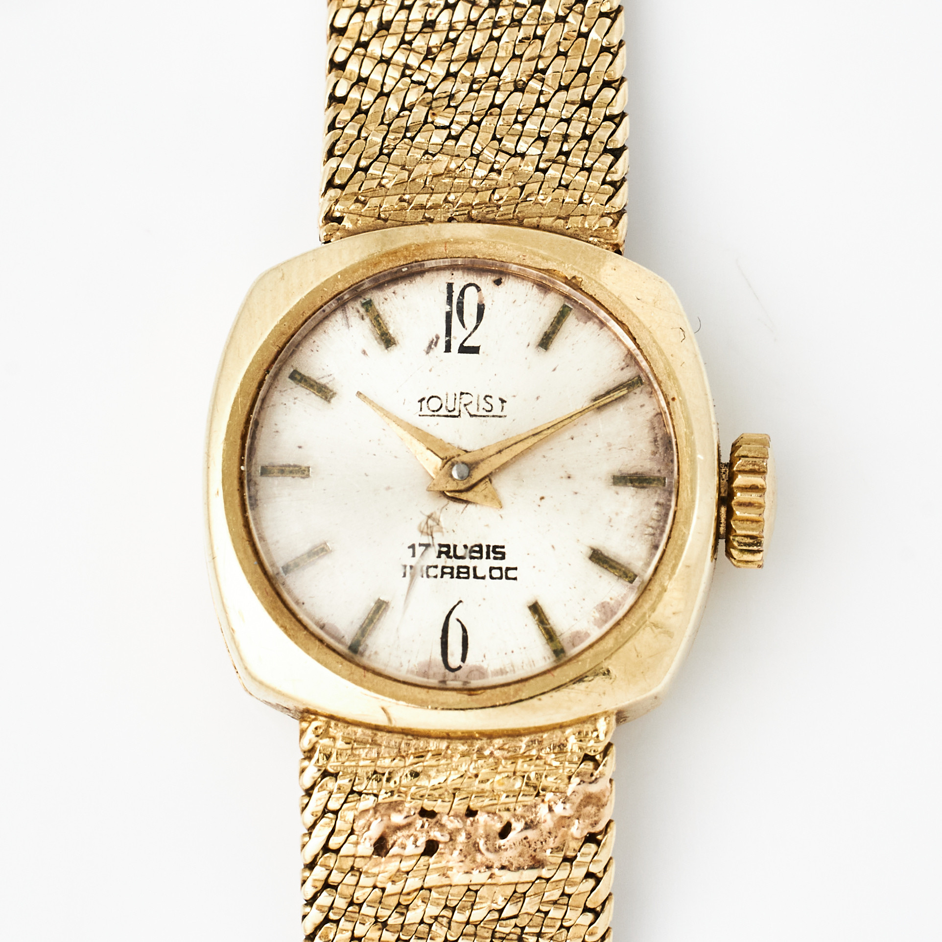 TOURIST, armbandsur, manuell, plexiglas, integrerad fantasilänk, 14 k guld.