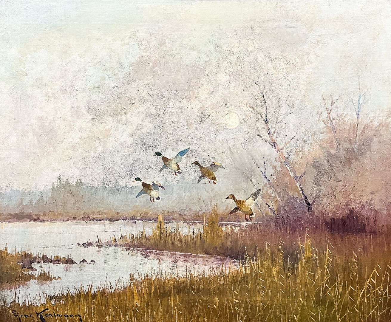 EJNAR KOHLMANN. OLJA PÅ DUK, "Fåglar vid insjö", signerad.