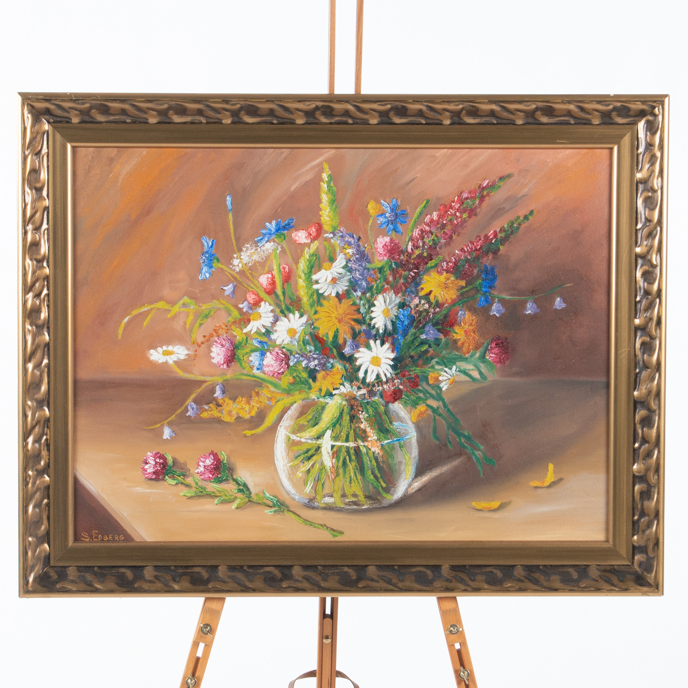 OIDENTIFIERAD KONSTNÄR. olja på pannå, stilleben signerad S.Edberg.