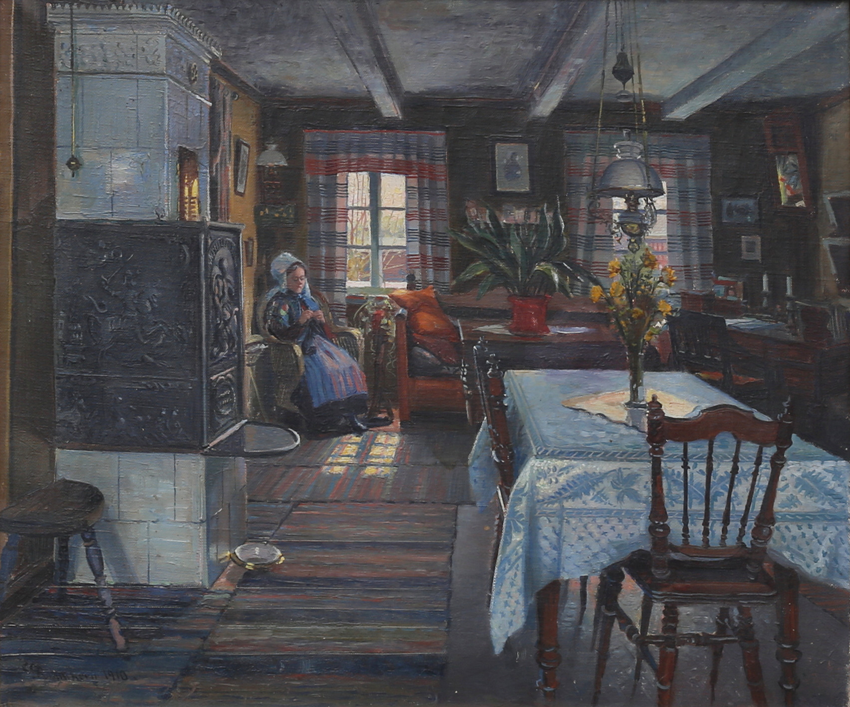 CARL GUSTAV RAHMBERG. Interiör med sittande kvinna. Olja på duk, signerad och daterad 1910.