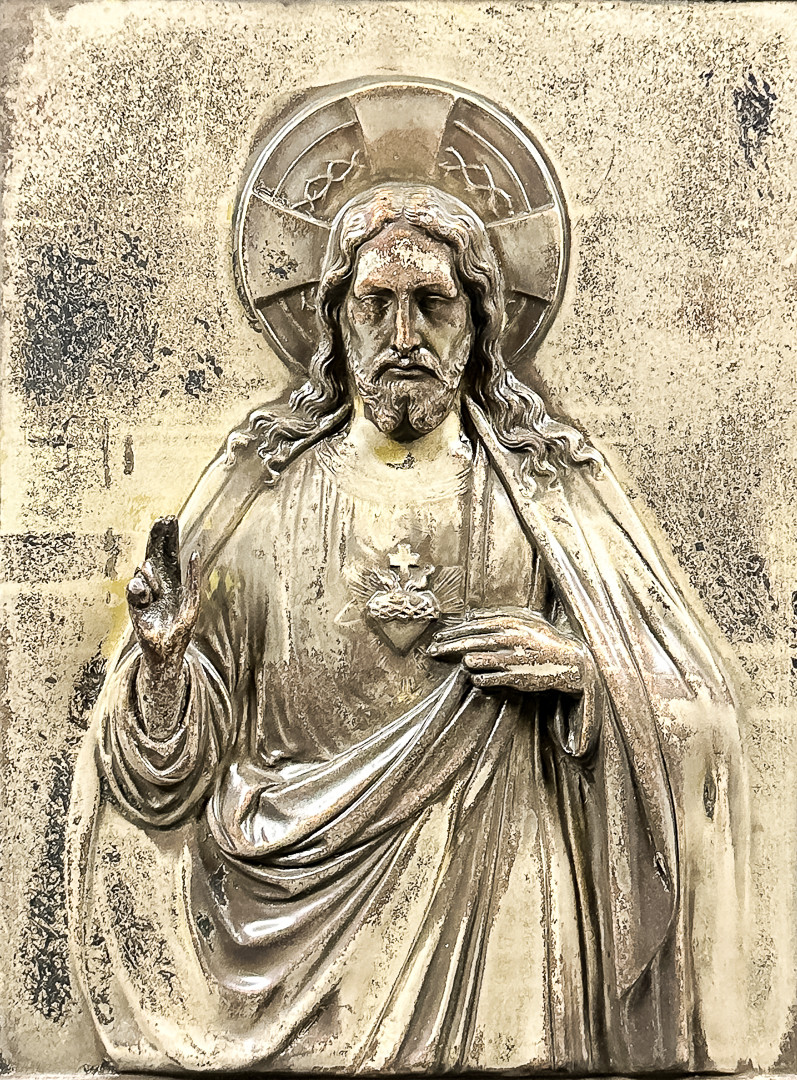 RELIEFTAVLA, "Jesus Kristus", försilvrad metall, tidigt 1900-tal.