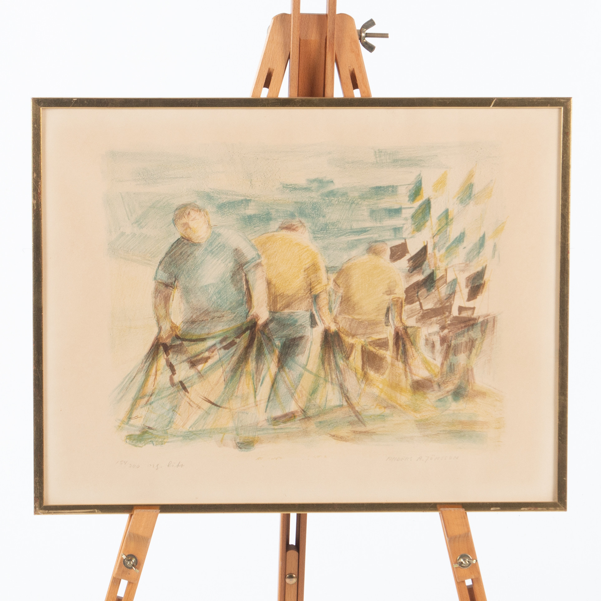 ANDERS A JÖNSSON. Färglitografi, fiskegubbar med nät, signerad samt numnrerad.