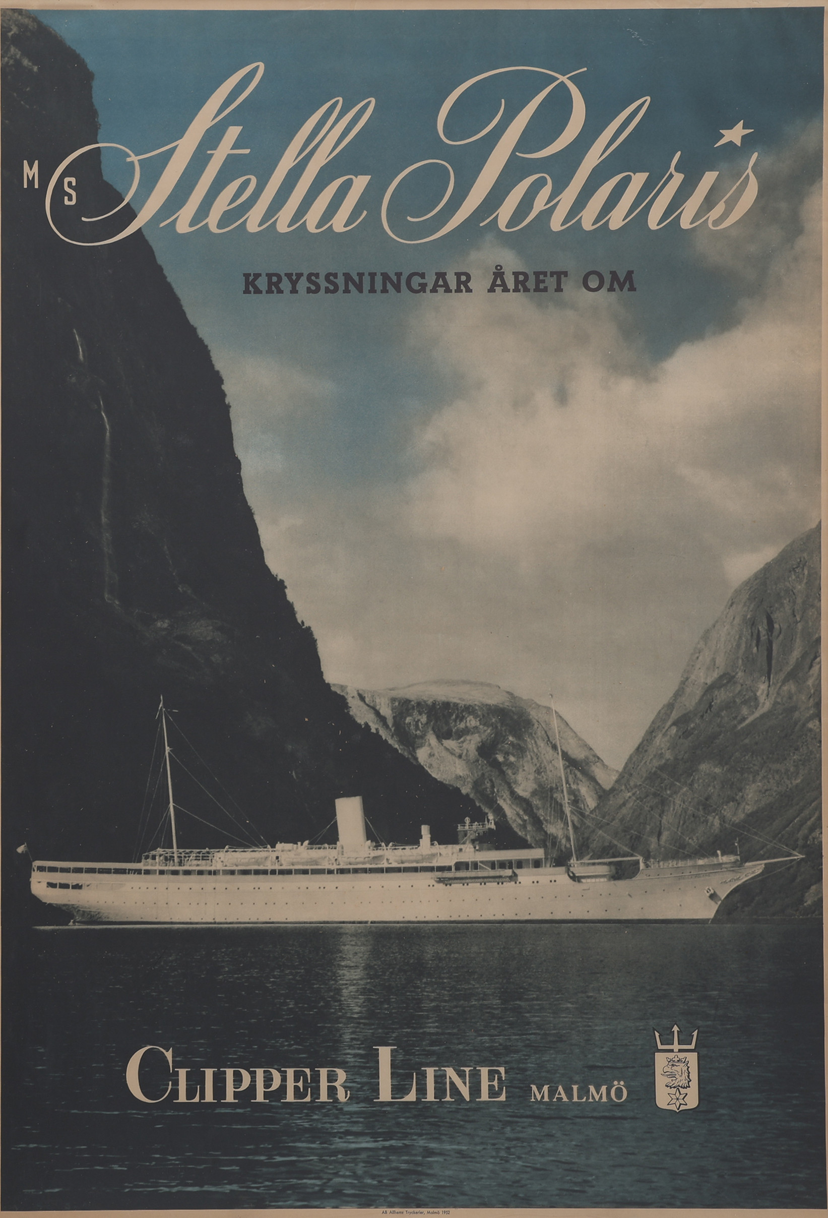 AFFISCH, "M/S STELLA POLARIS, CLIPPER LINE, MALMÖ", 1952.