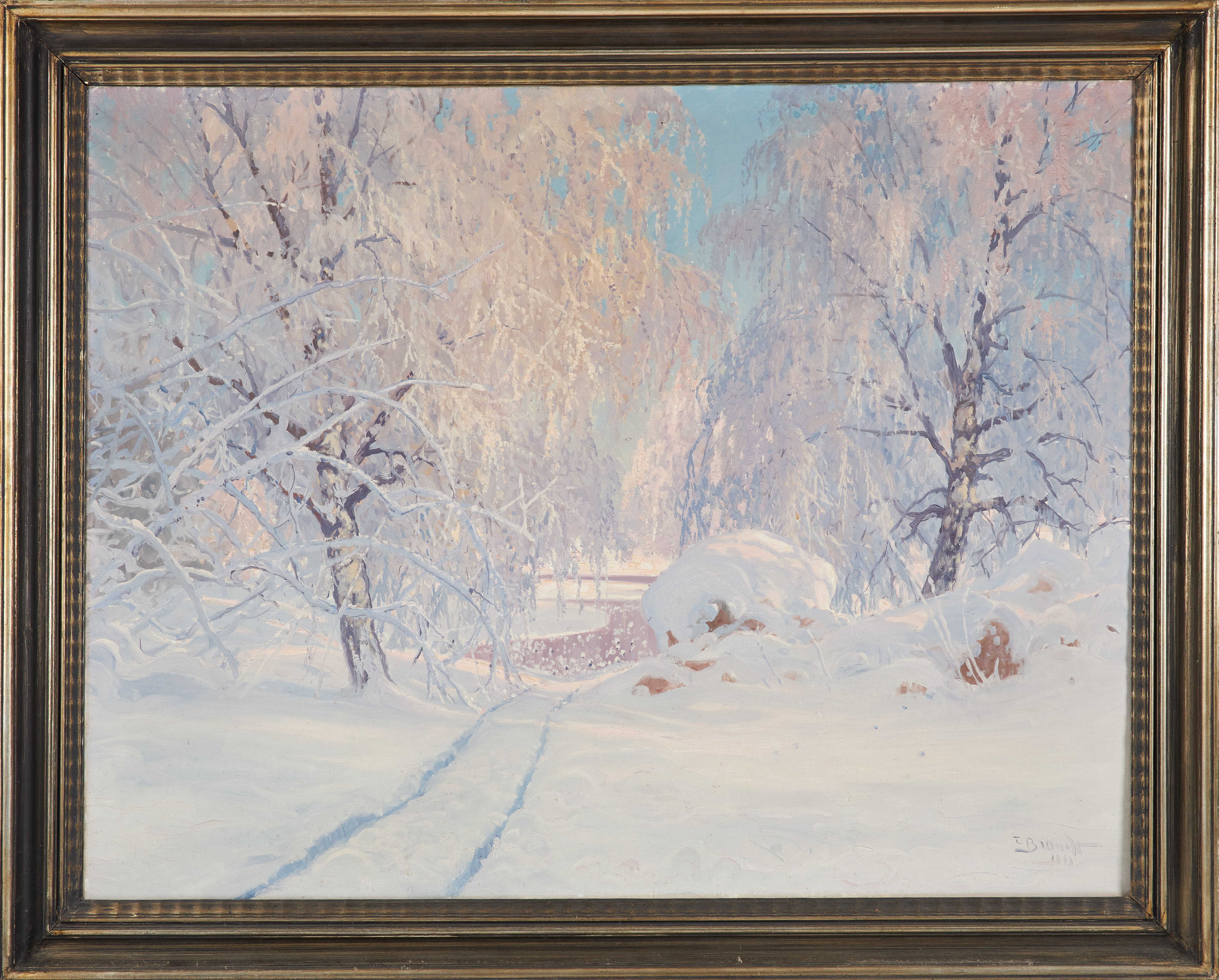 CARL BRANDT. Vinterlandskap vid sjö, olja på duk, signerad C Brandt, 1921.