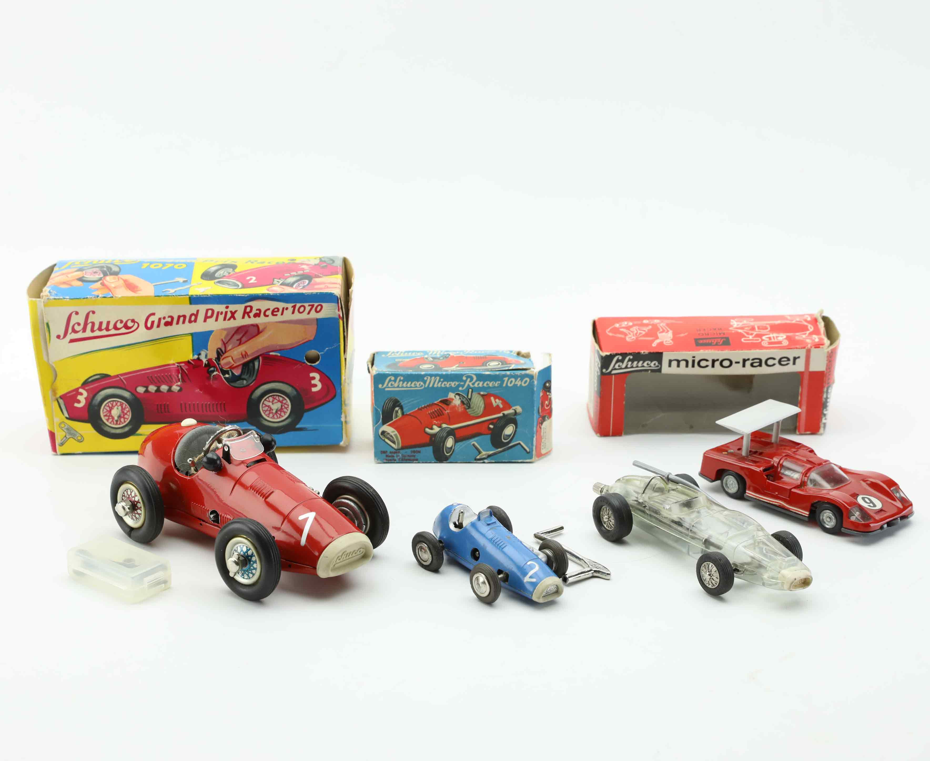 SCHUCO. leksaksbilar, 4 st, U.S Zone Germany.