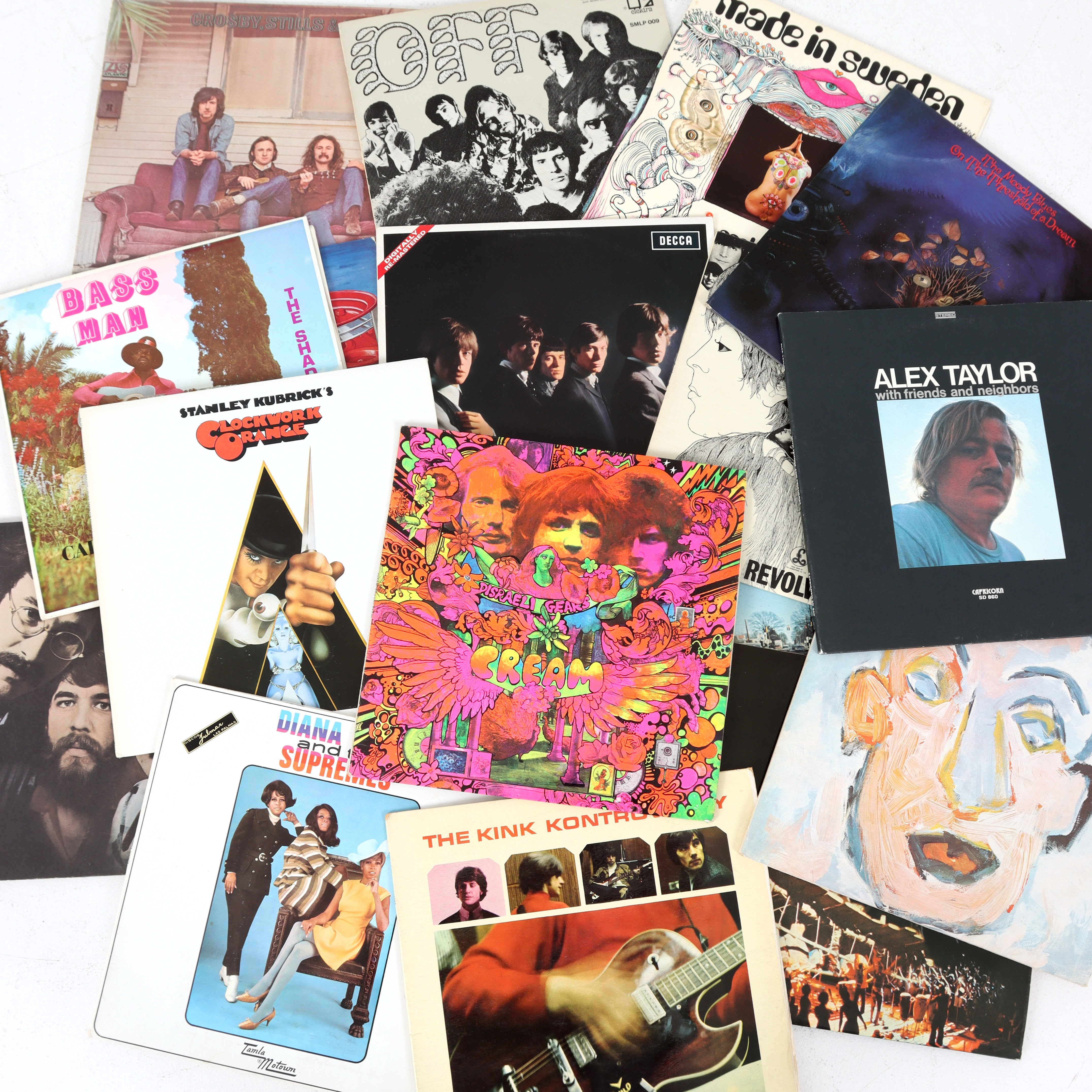 LP-SKIVOR, 84 st, bl.a. Cream, Johnny Hallyday, Hansson & Karlsson, Made in Sweden, Beatles, Creedence, Crosby Stills & Nash, Bob Dylan, Kinks, mfl. 1960-80-tal.