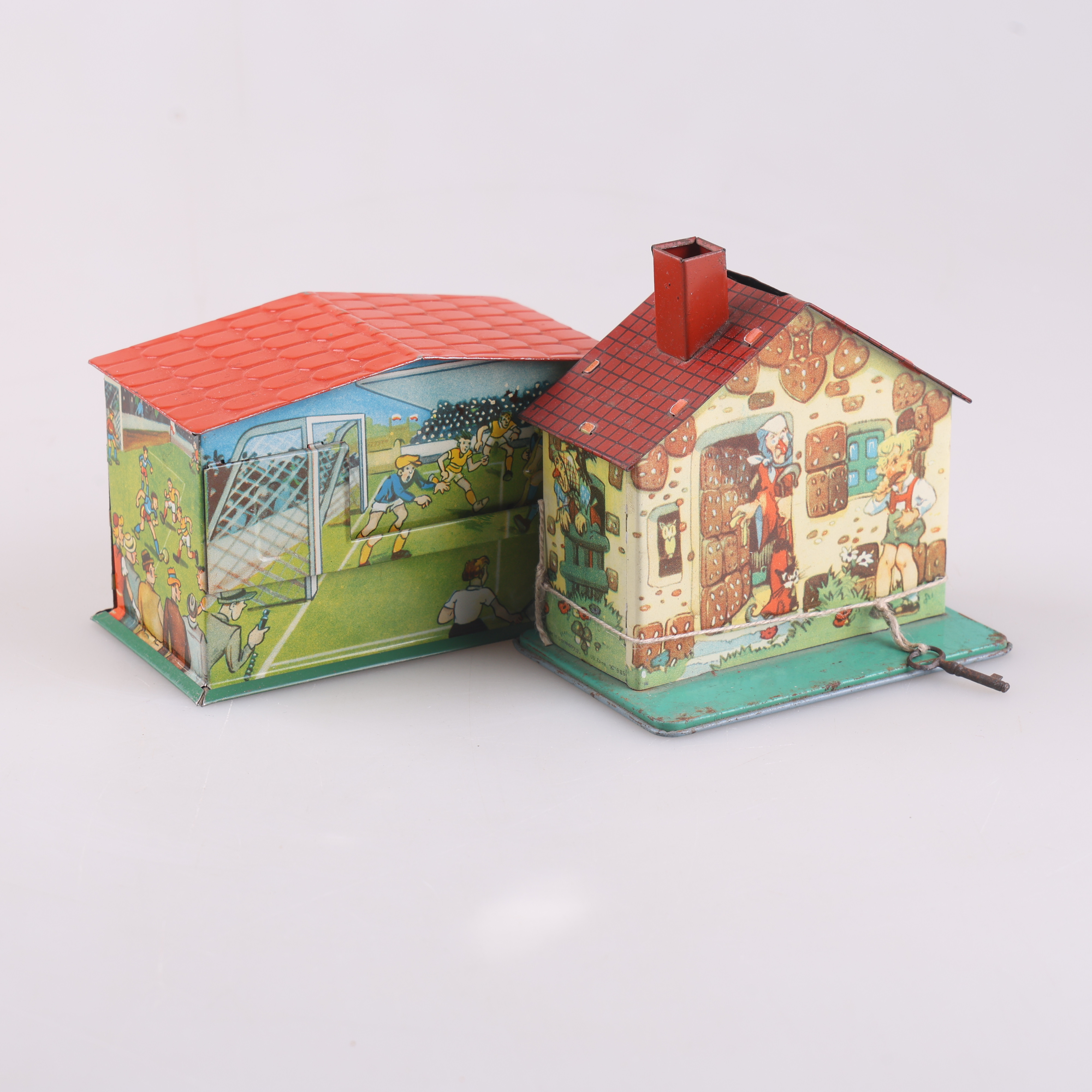 SPARBÖSSOR, 2 st, litograferad plåt, 1960/70-tal.