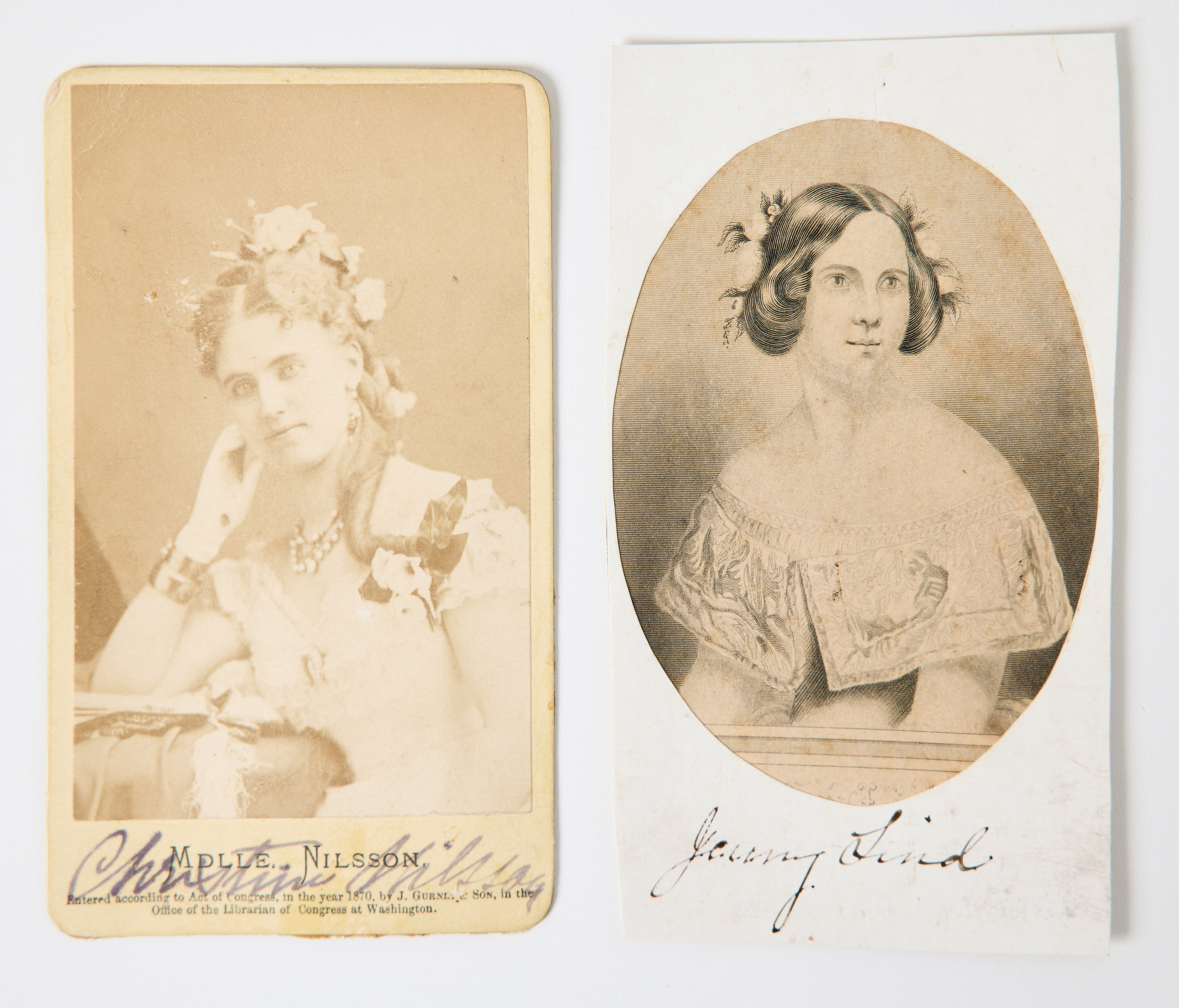 JENNY LIND OCH CHRISTINA NILSSON, AUTOGRAF OCH SIGNERAT FOTOGRAFI, 2 st.