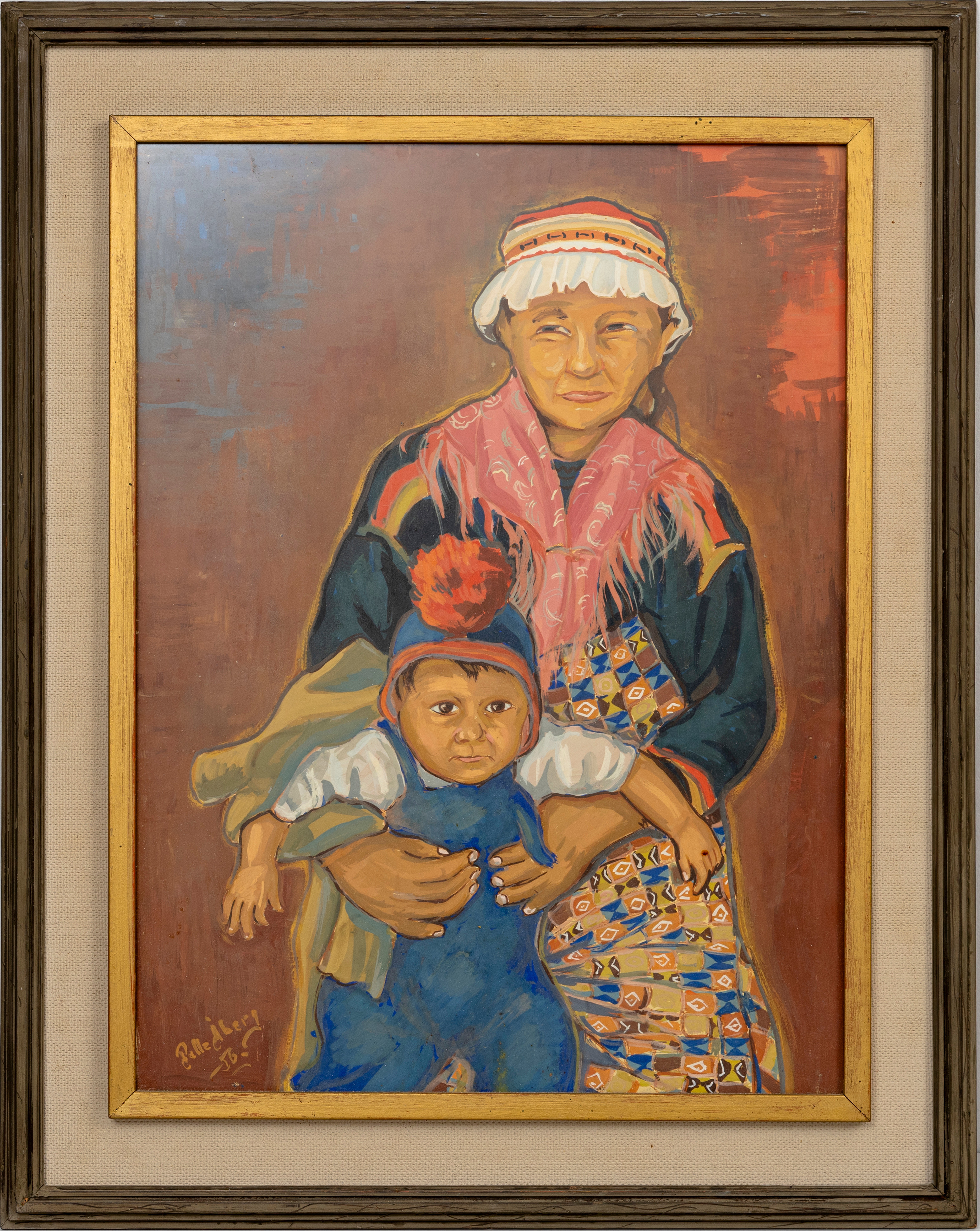 PELLE ÅBERG. "Fru Ulri med son", Vaisaloukta, gouache på papper, signerad, daterad 1956.