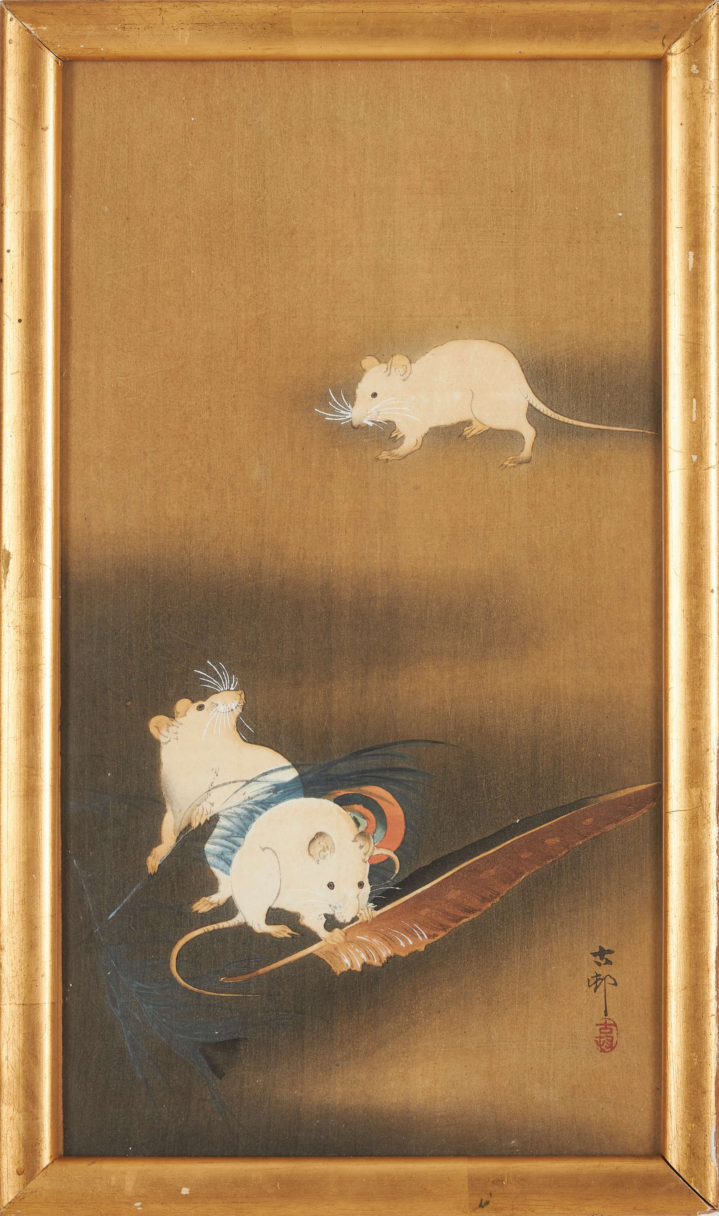 OHARA KOSON (1877-1945). Träsnitt, "Three White Mice", delvis kolorerad, signerad, sigillstämplad, Japan, omkring år 1900.