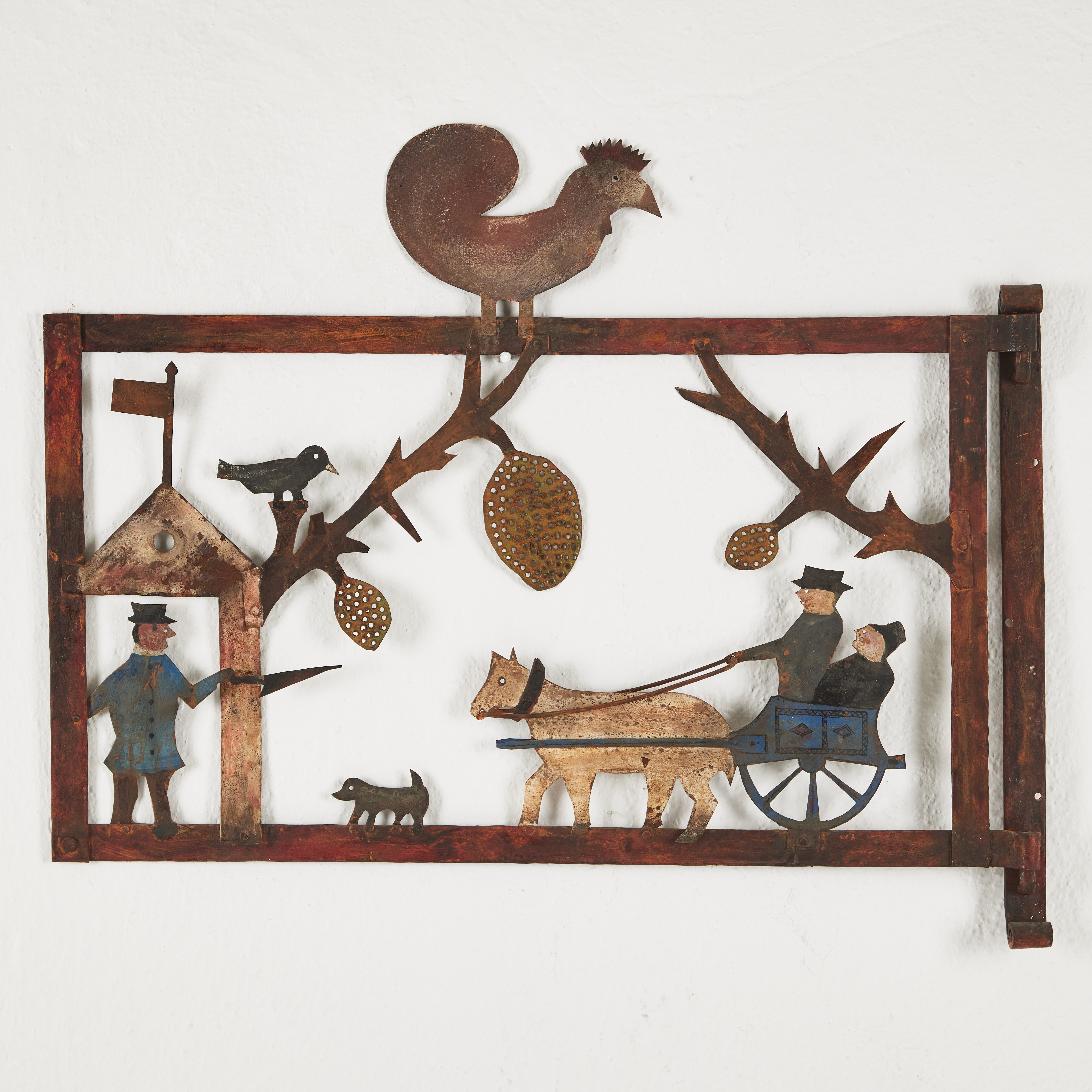 SKYLT, väggdekoration, naiv, bemålad plåt och gjutjärn, omkring sekelskitet 1900.