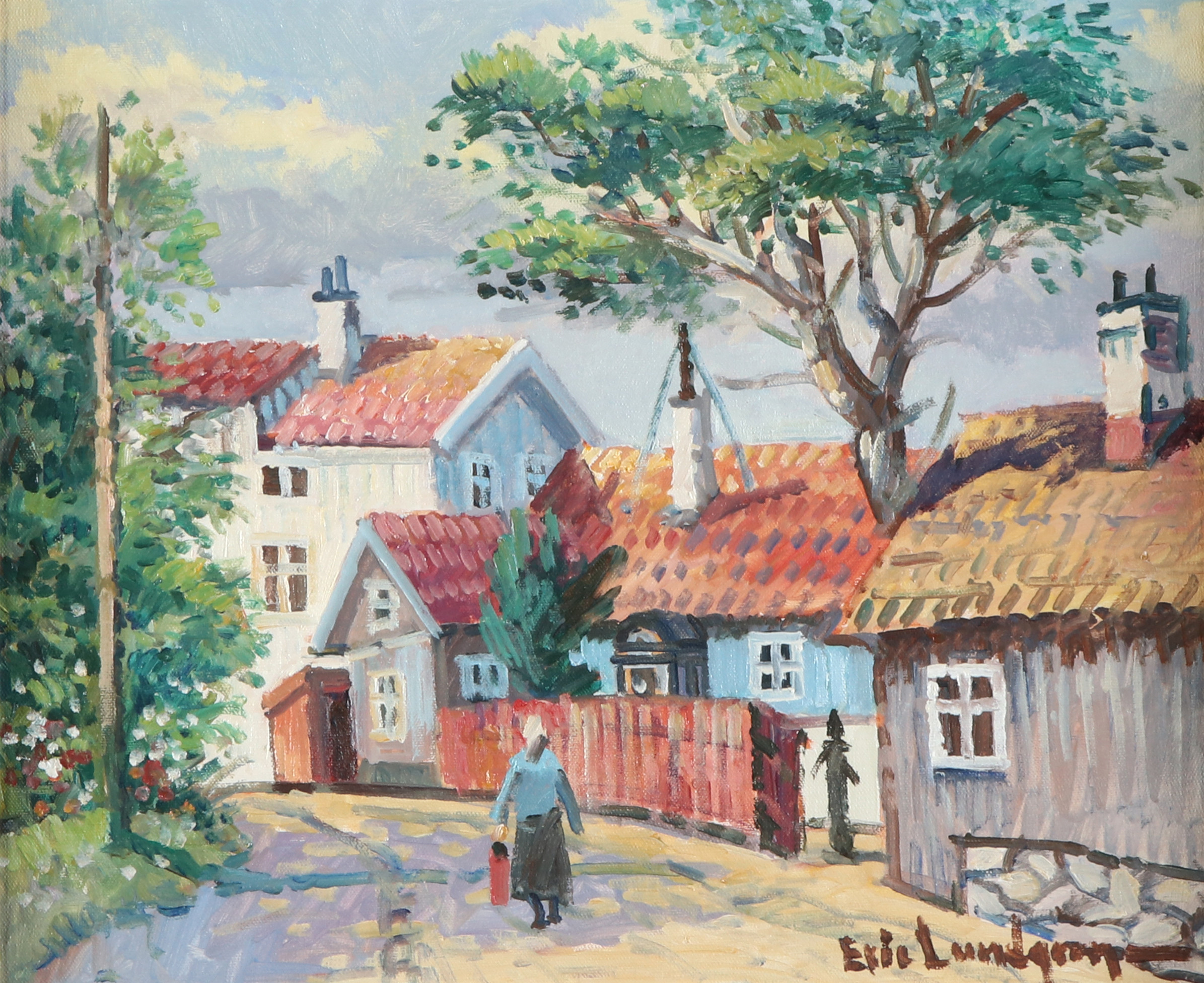 ERIK LUNDGREN. Oljemålning på duk. Bymotiv. Signerad.