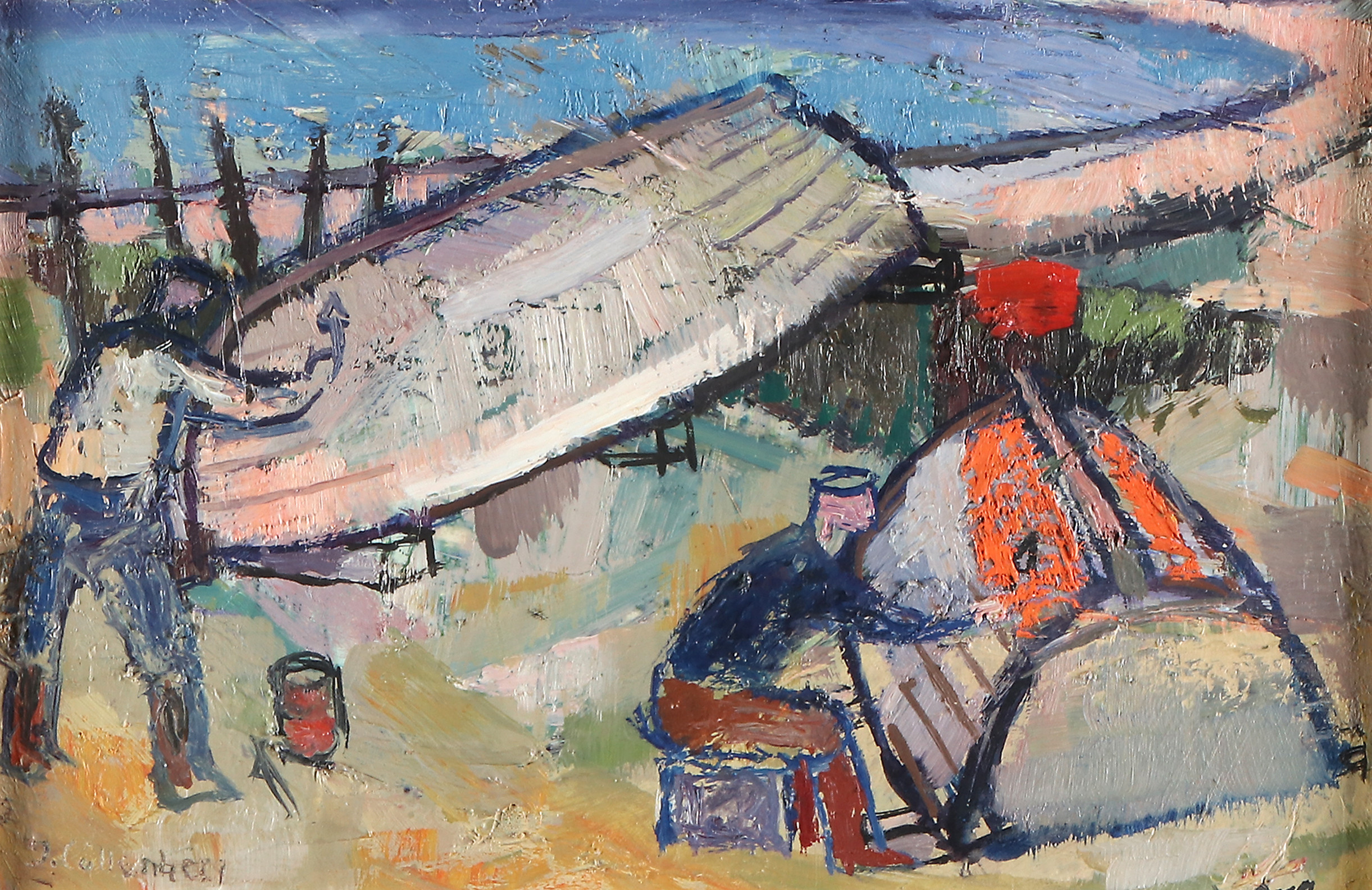 INGEMAR CALLENBERG. Oljemålning på pannå. Fiskare med båtar. Ristad signatur.