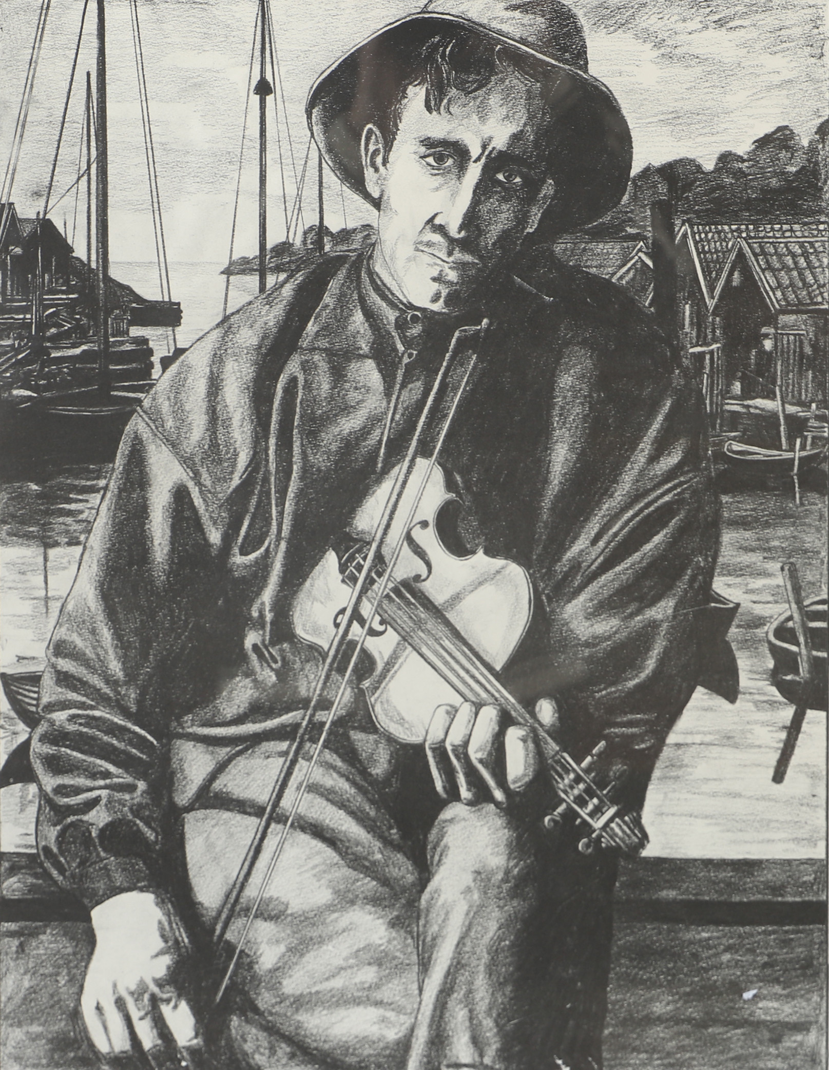 THEIS ELJAS. Fiolspelande man, litografi, signerad -85.