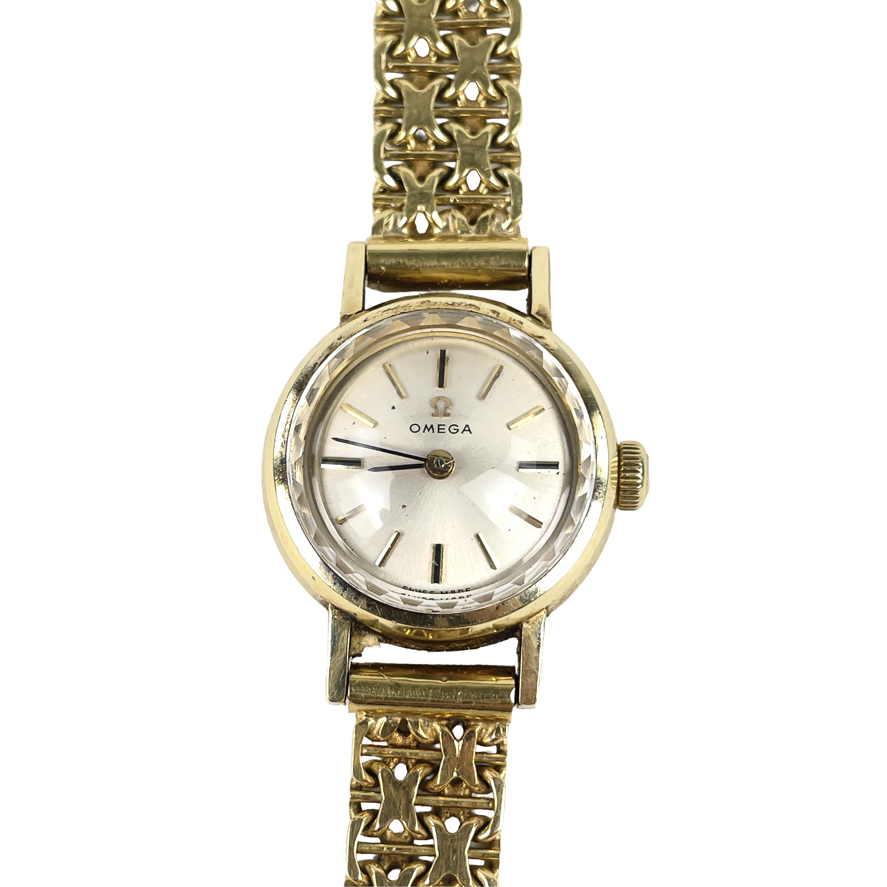DAMARMBANDSUR, Omega 14K guld med armband, X-länk med stav, 18K guld.