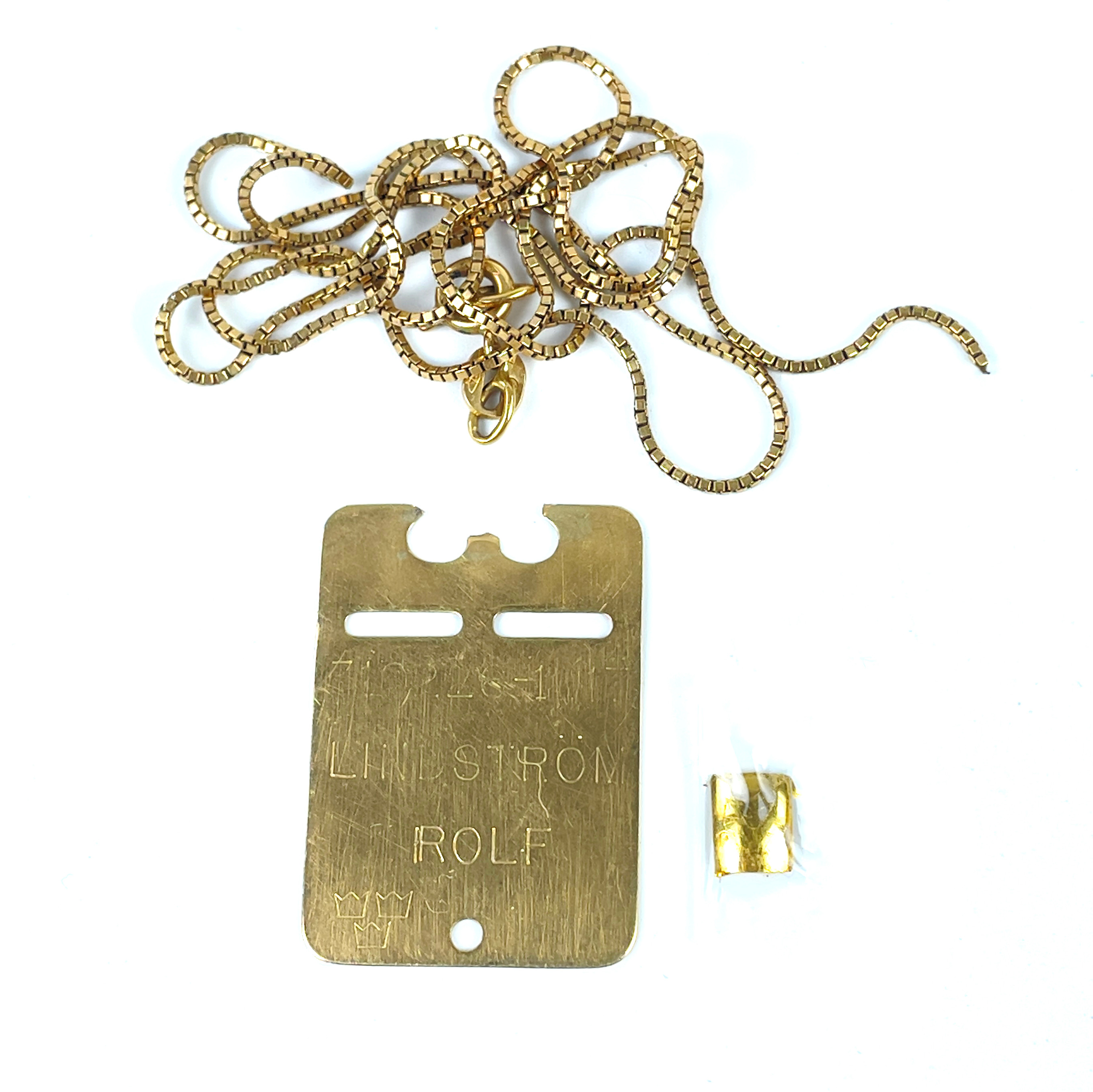 SKROTGULD, ID bricka samt KEDJA Balestra, 18K guld samt liten bit 18K guld. Skador.