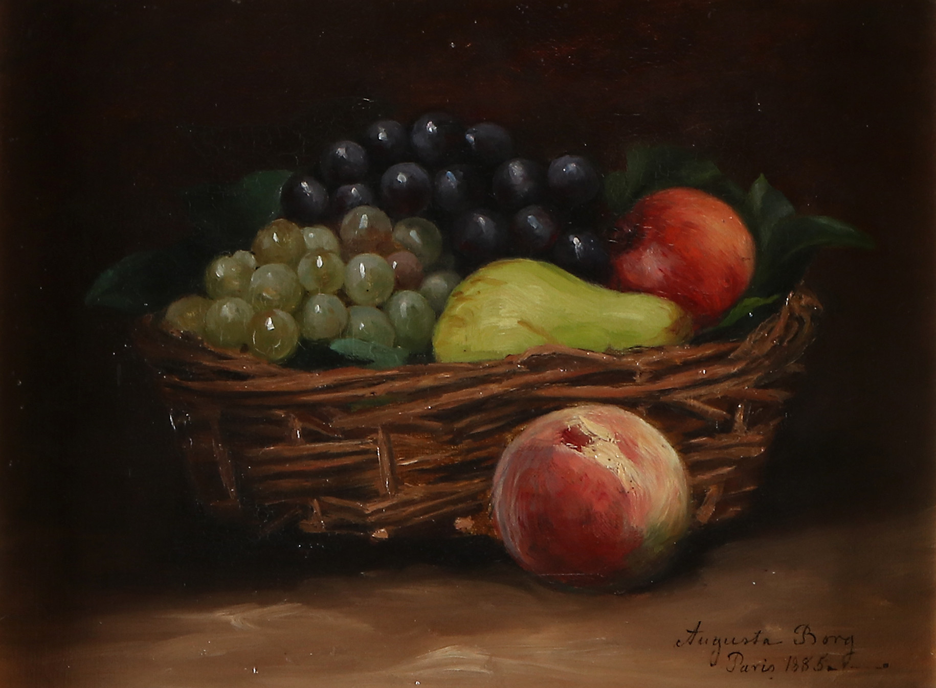 AUGUSTA BORG. Oljemålning på duk. Stilleben med frukt i korg. Signerad och daterad Paris 1885.