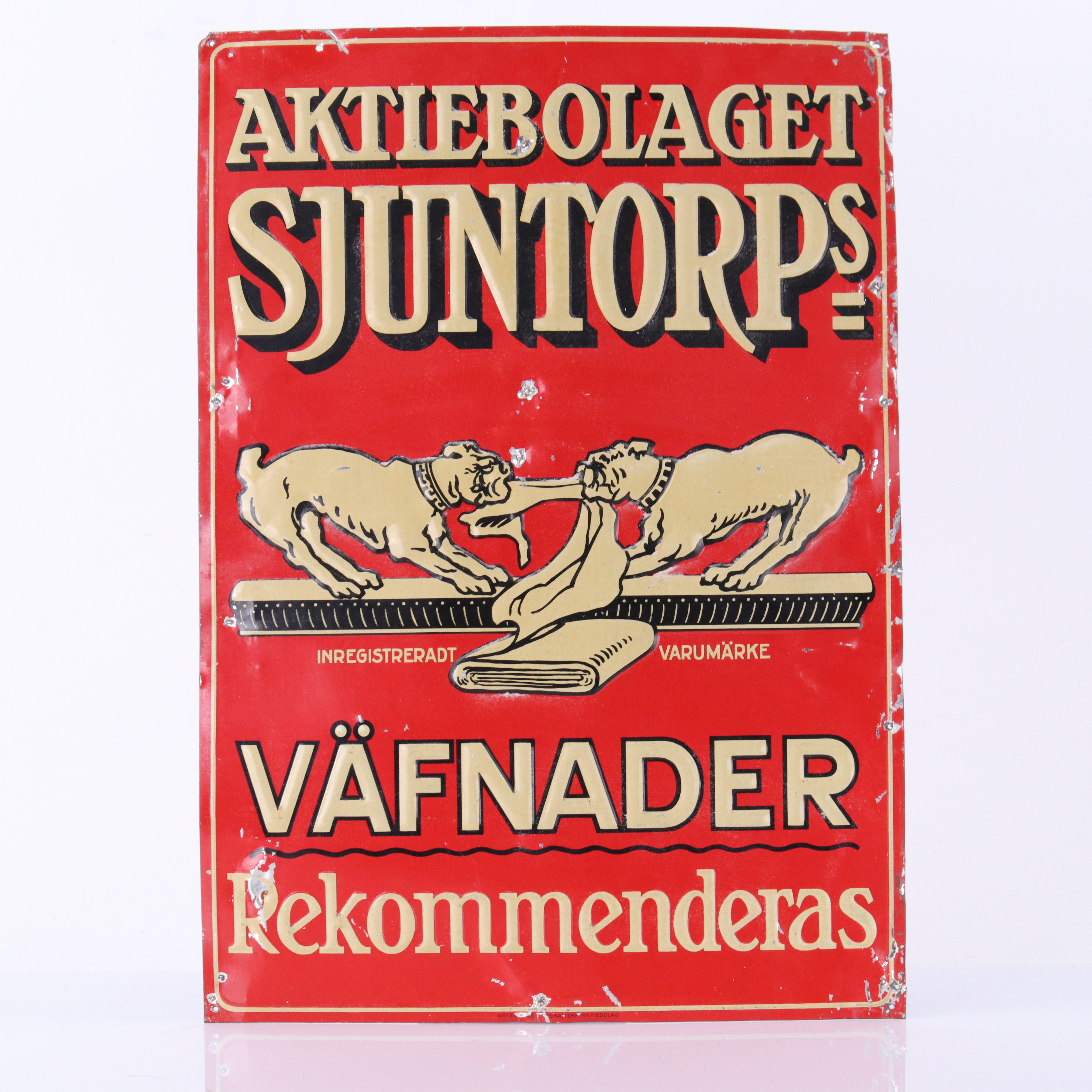 SJUNTORPS VÄVNADER, plåtskylt, 1920-tal.