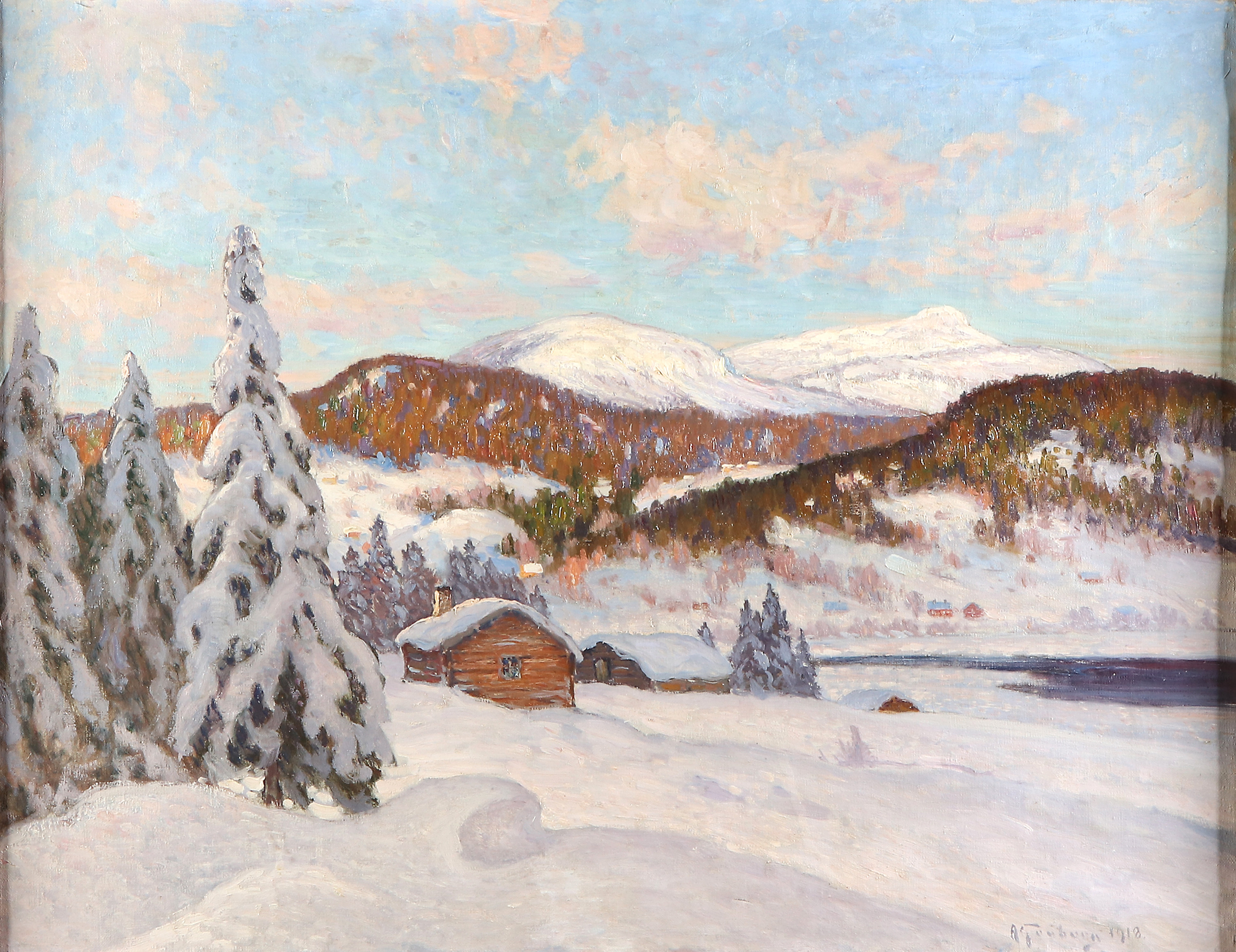 ANTON GENBERG. Oljemålning på duk. Vinterlandskap. Signerad och daterad 1918.