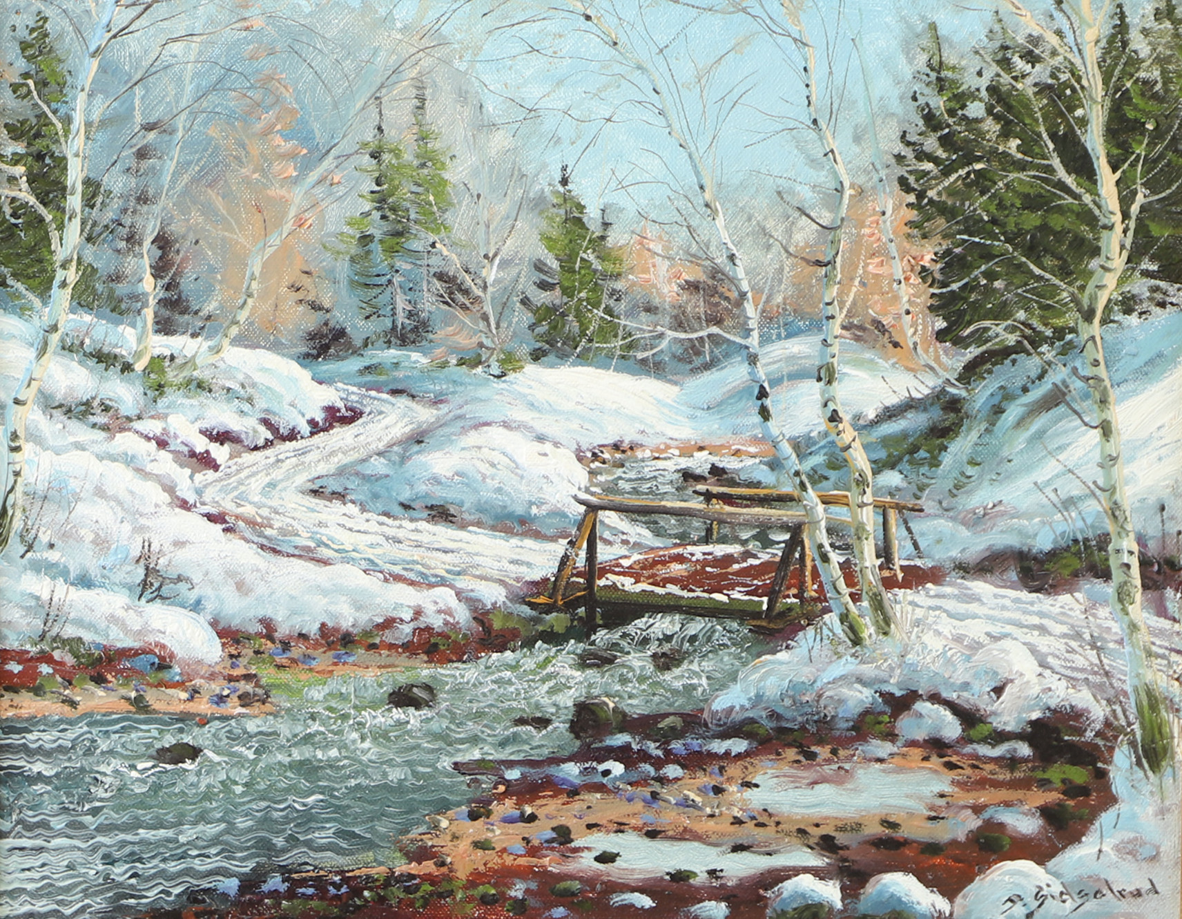 OIDENTIFIERAD KONSTNÄR. Vinterlandskap med vatendrag, olja på duk, otydligt signerad.