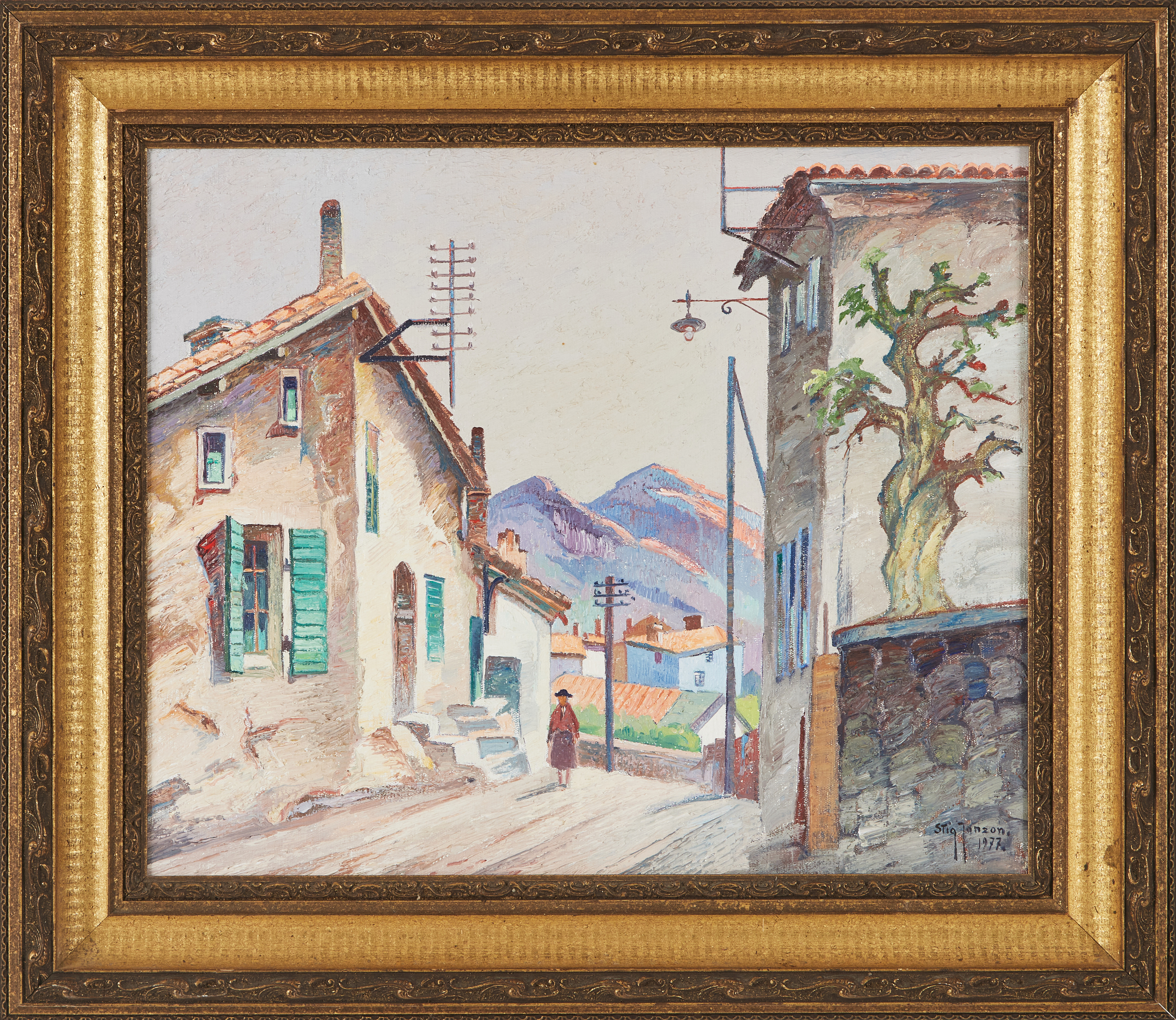 STIG JONZON. Gatuvy, olja på duk, signerad och daterad 1977.