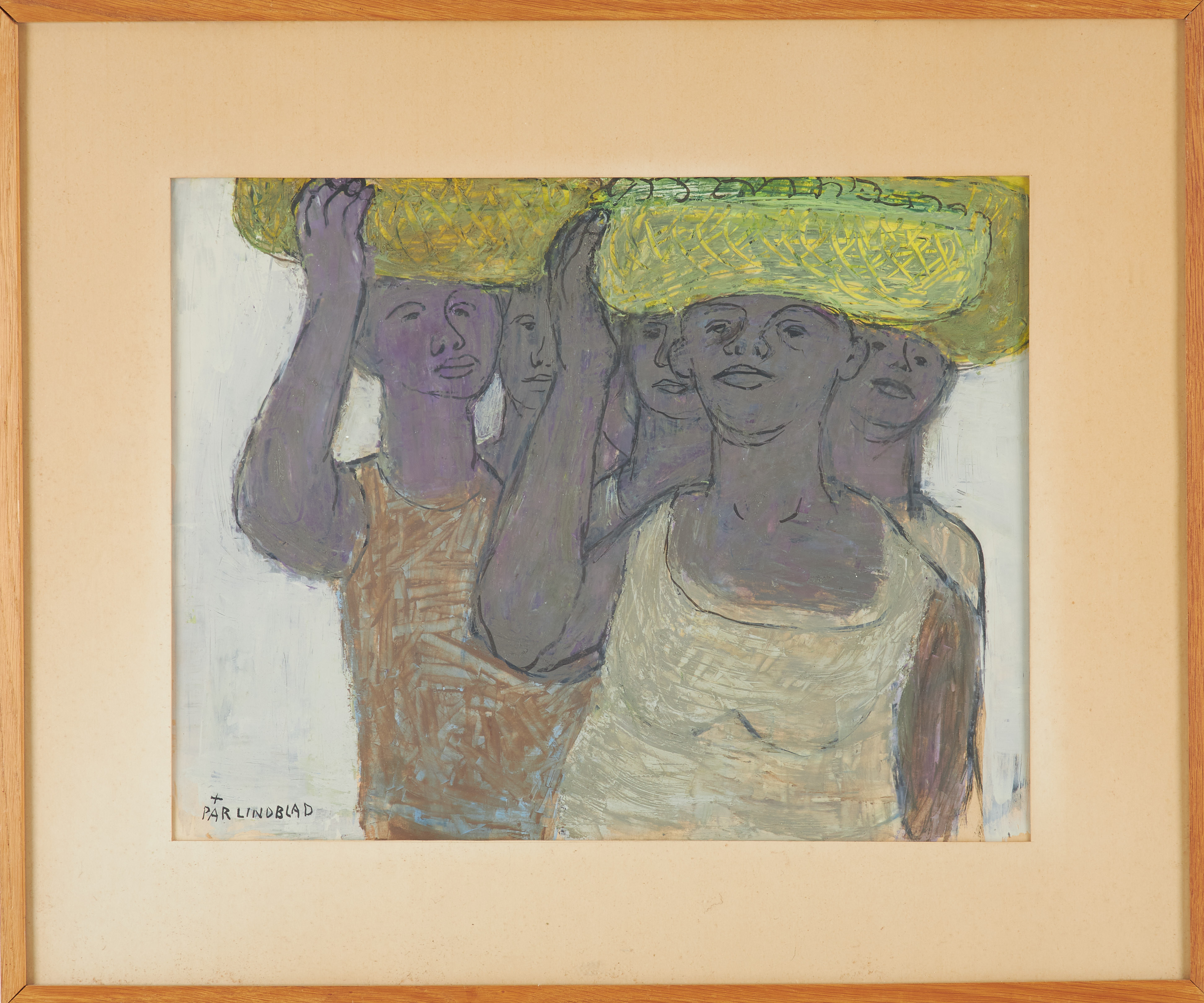 PÄR LINDBLAD. Kvinnor med korgar, gouache, signerad.