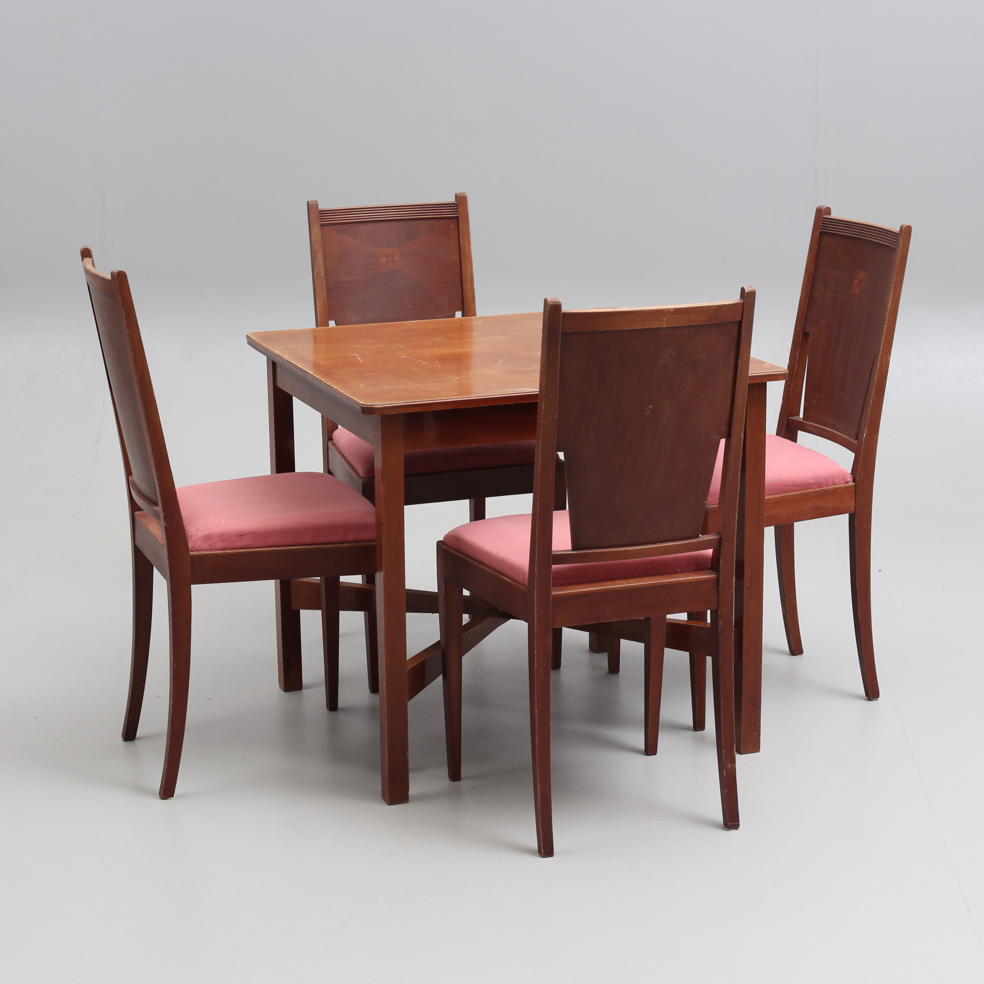 MATGRUPP, 5 delar, jugend, intarsiadekor, Nordiska Kompaniet, brickmärkt, tidigt 1900-tal.